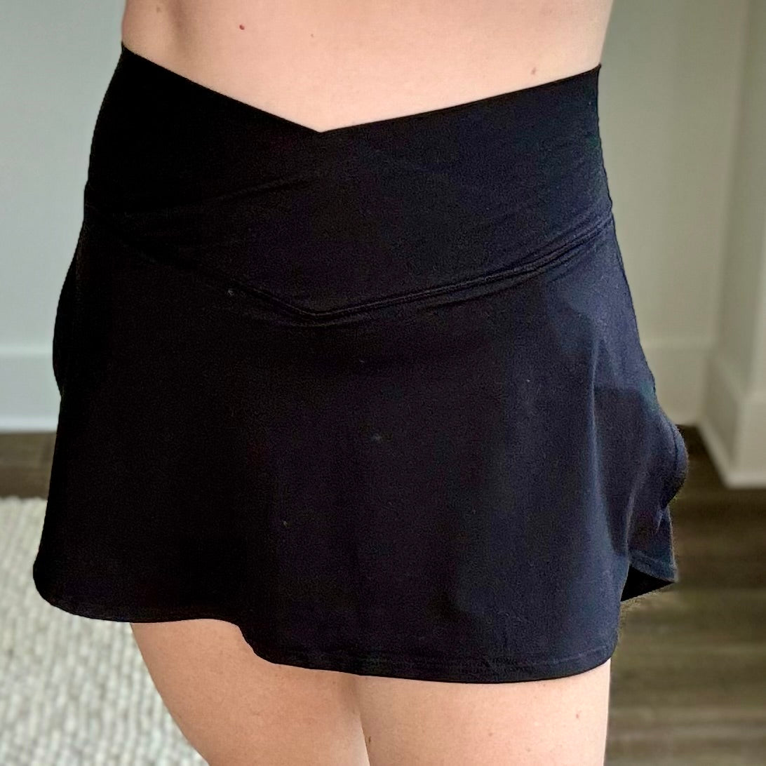 Black butter soft v front knit high rise tennis and pickleball skirt with short liner