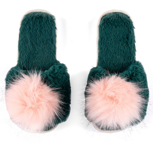 Green Furry Slipper with Light Pink Pom Pom
