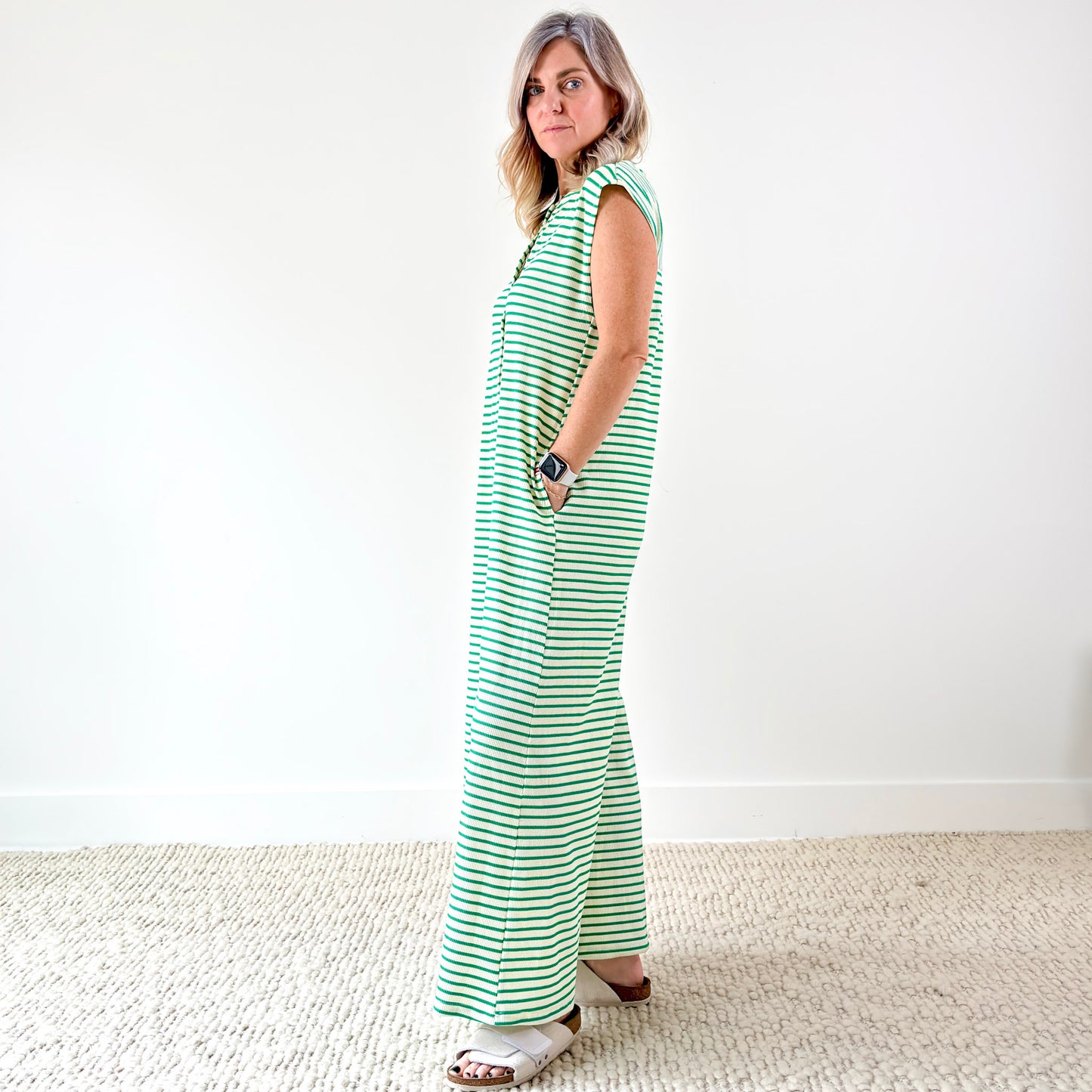 Green and white stripe wide leg button front jumpsuit
