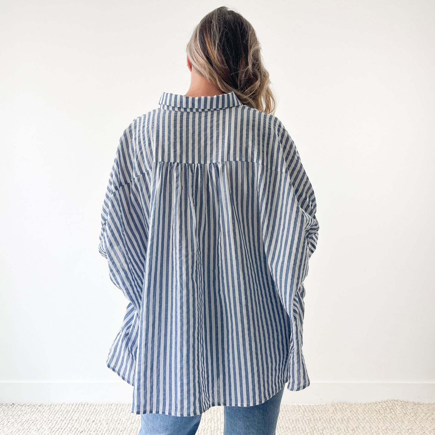 Navy and white stripe oversized button front top
