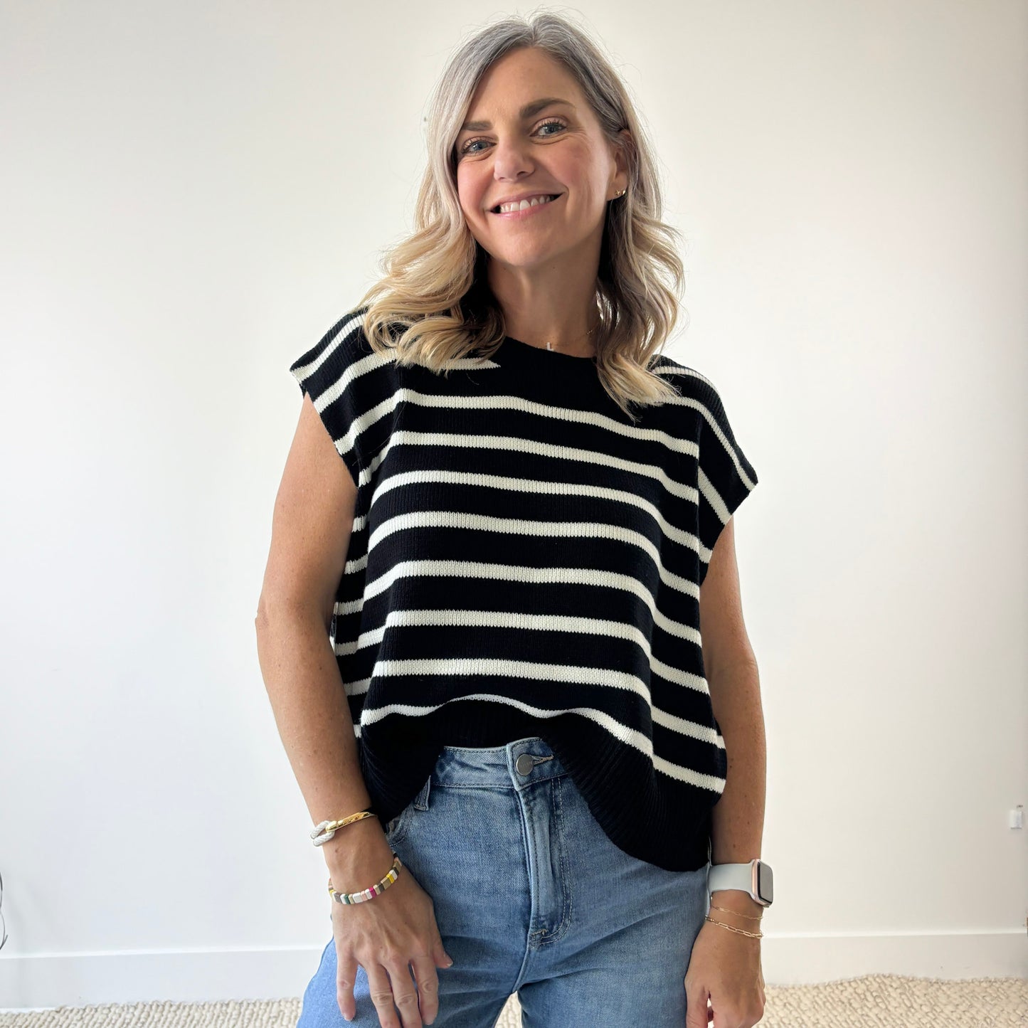 Women's black with ivory stripe light weight short sleeve sweater