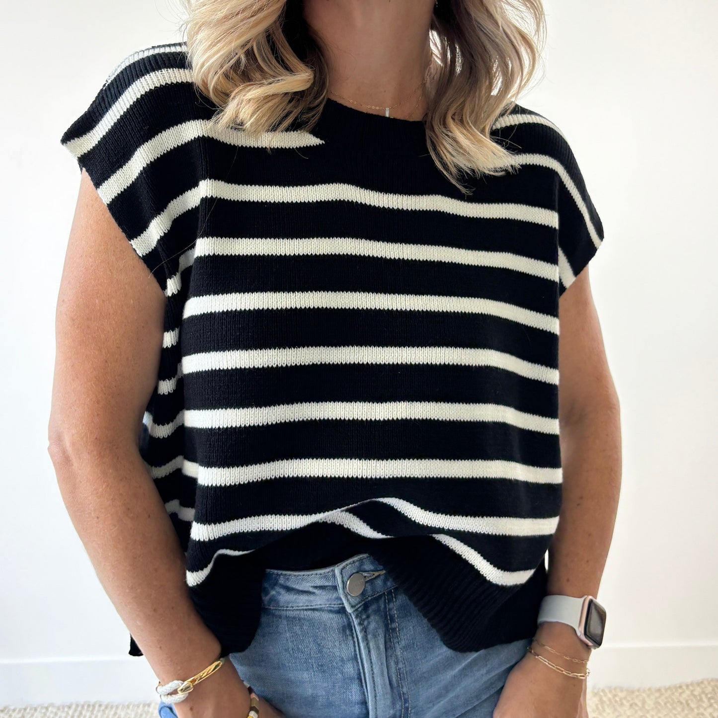 Women's black with ivory stripe light weight short sleeve sweater