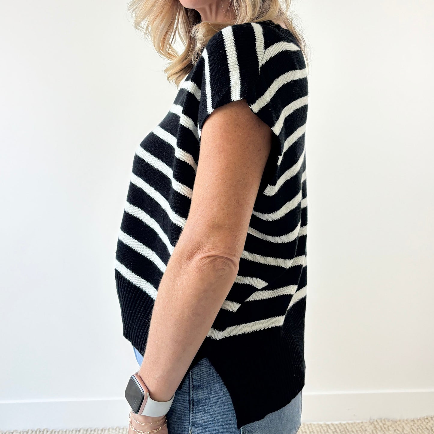 Women's black with ivory stripe light weight short sleeve sweater