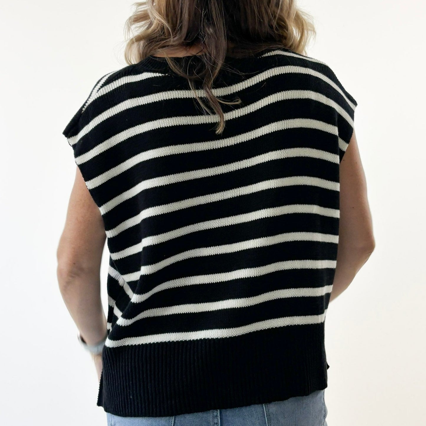 Women's black with ivory stripe light weight short sleeve sweater