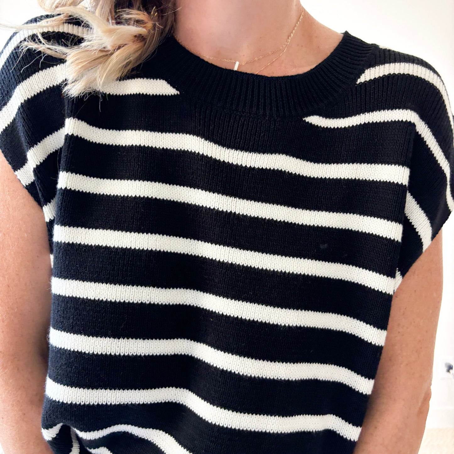 Women's black with ivory stripe light weight short sleeve sweater