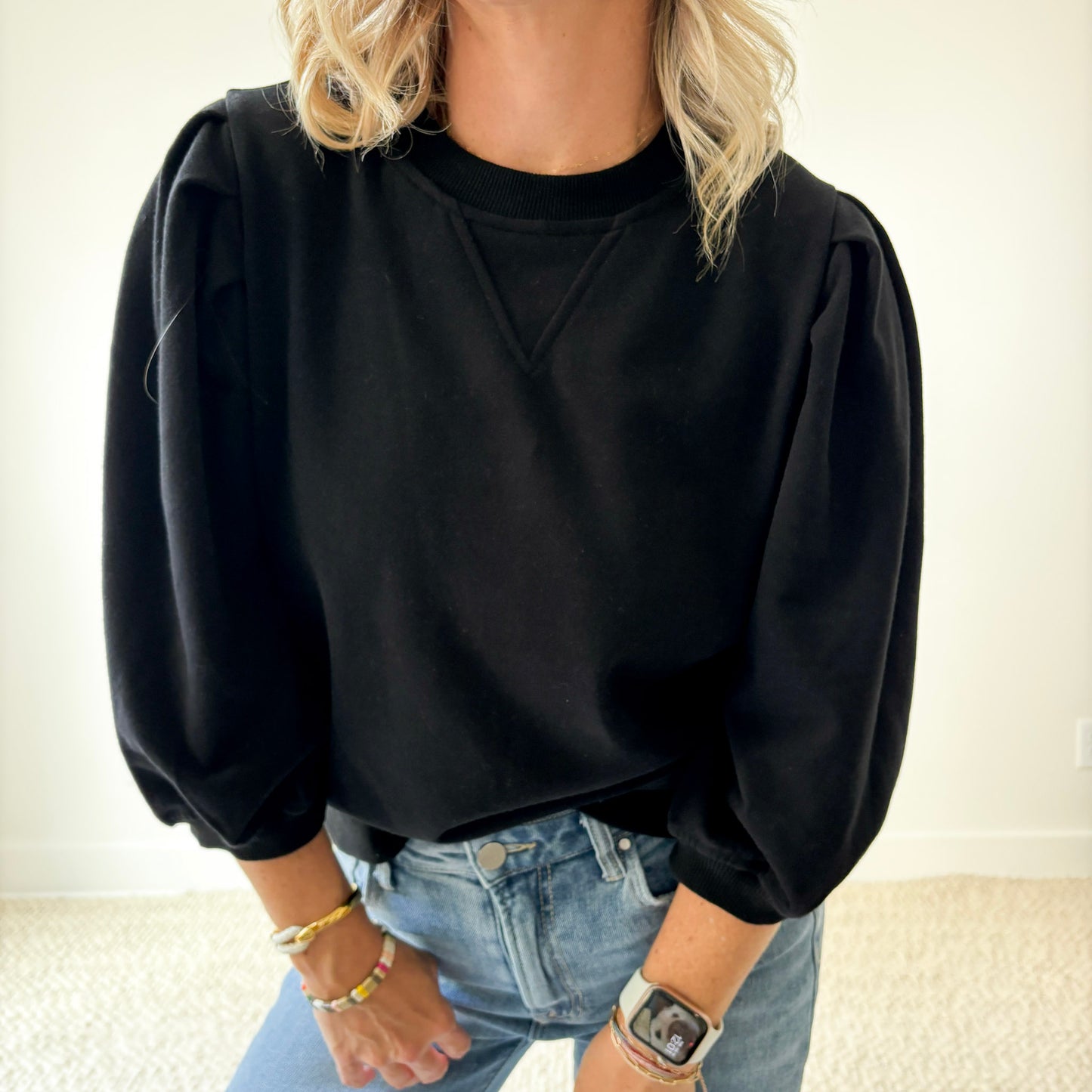 Women's Black French Terry 3/4 Puff Sleeve Crewneck Sweatshirt
