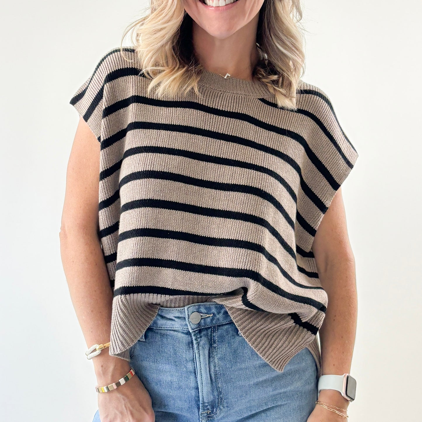 Women's mocha brown with black stripe light weight short sleeve sweater