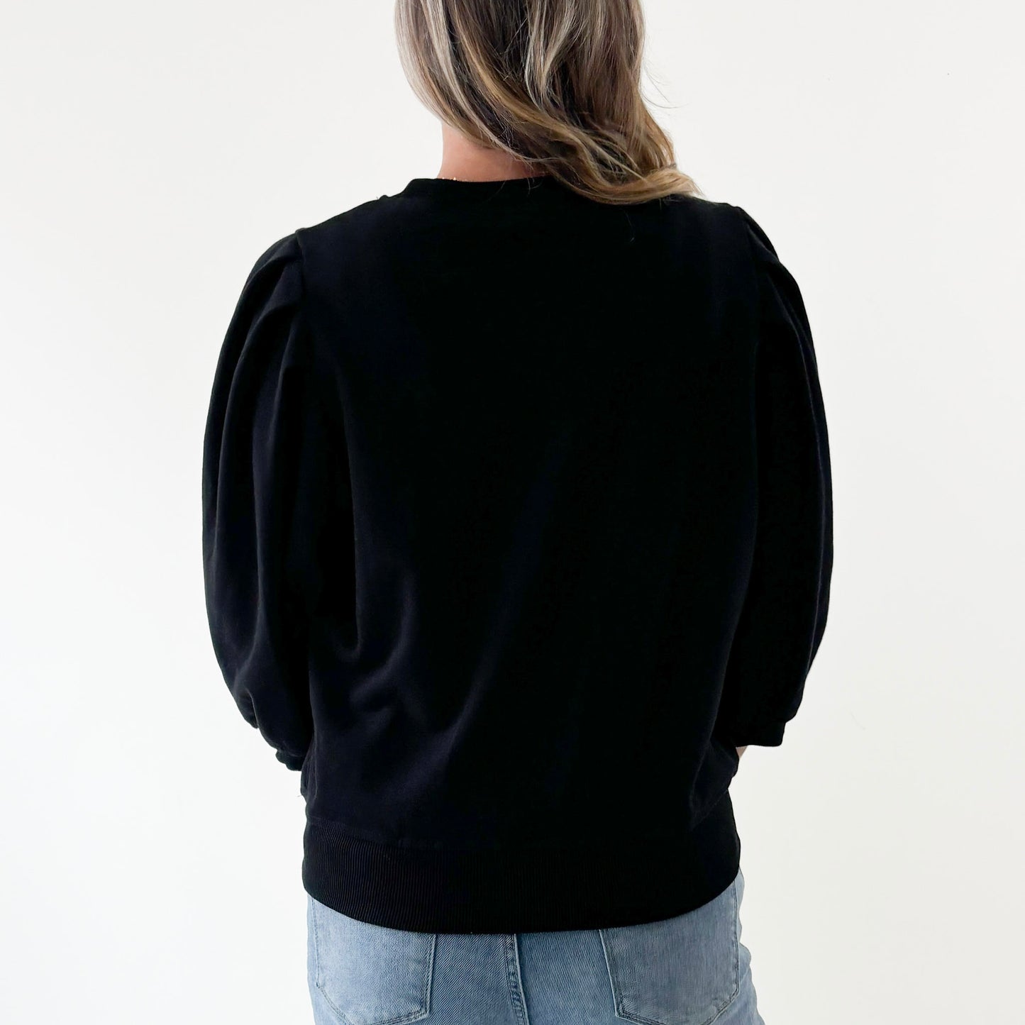 Women's Black French Terry 3/4 Puff Sleeve Crewneck Sweatshirt
