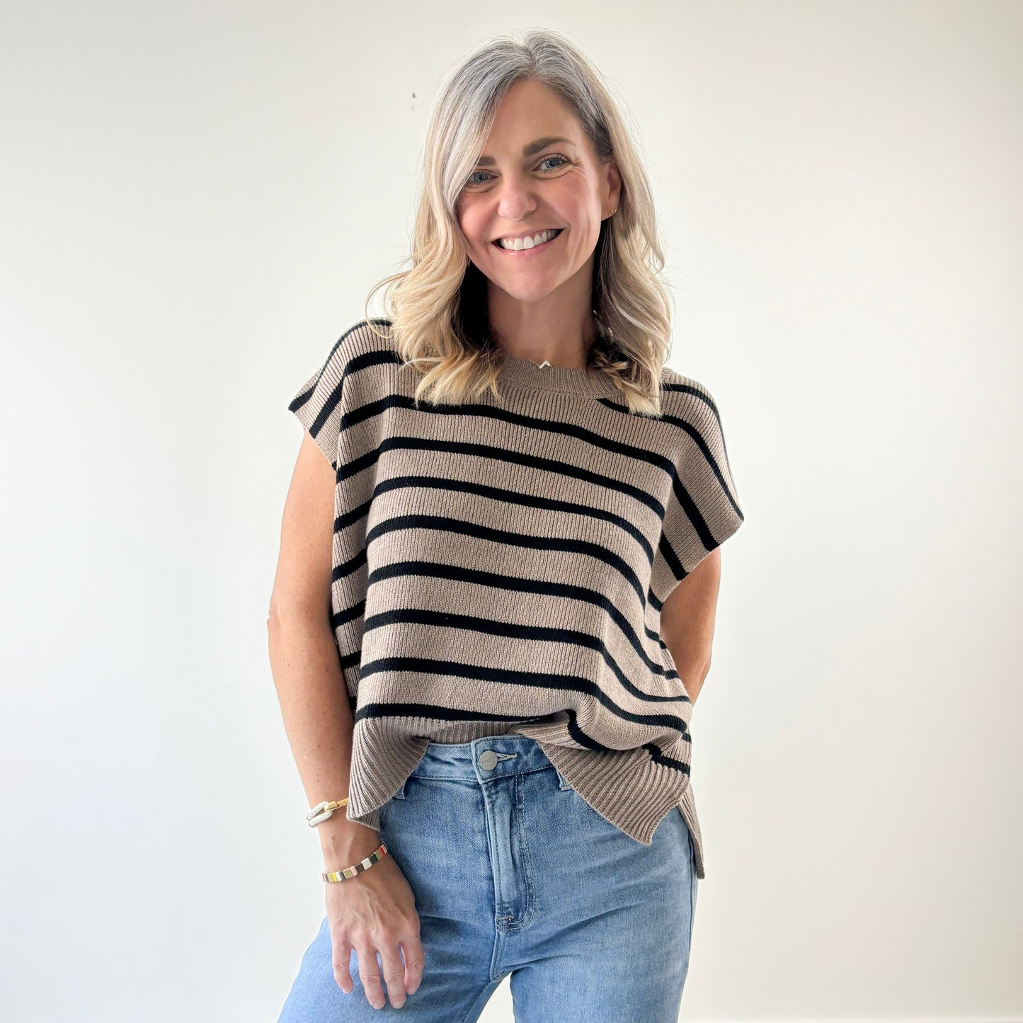 Women's mocha brown with black stripe light weight short sleeve sweater