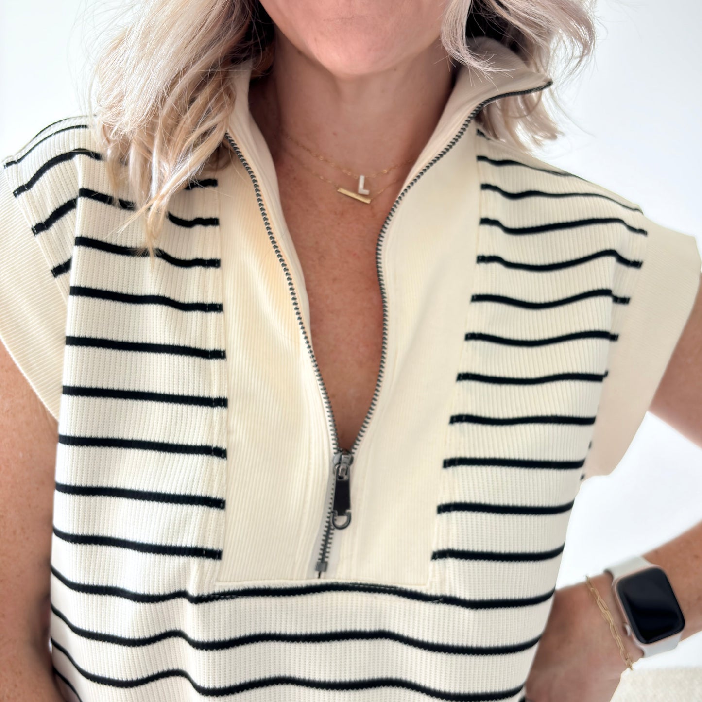 Women's ivory with black stripe ribbed quarter zip mini dress with pockets