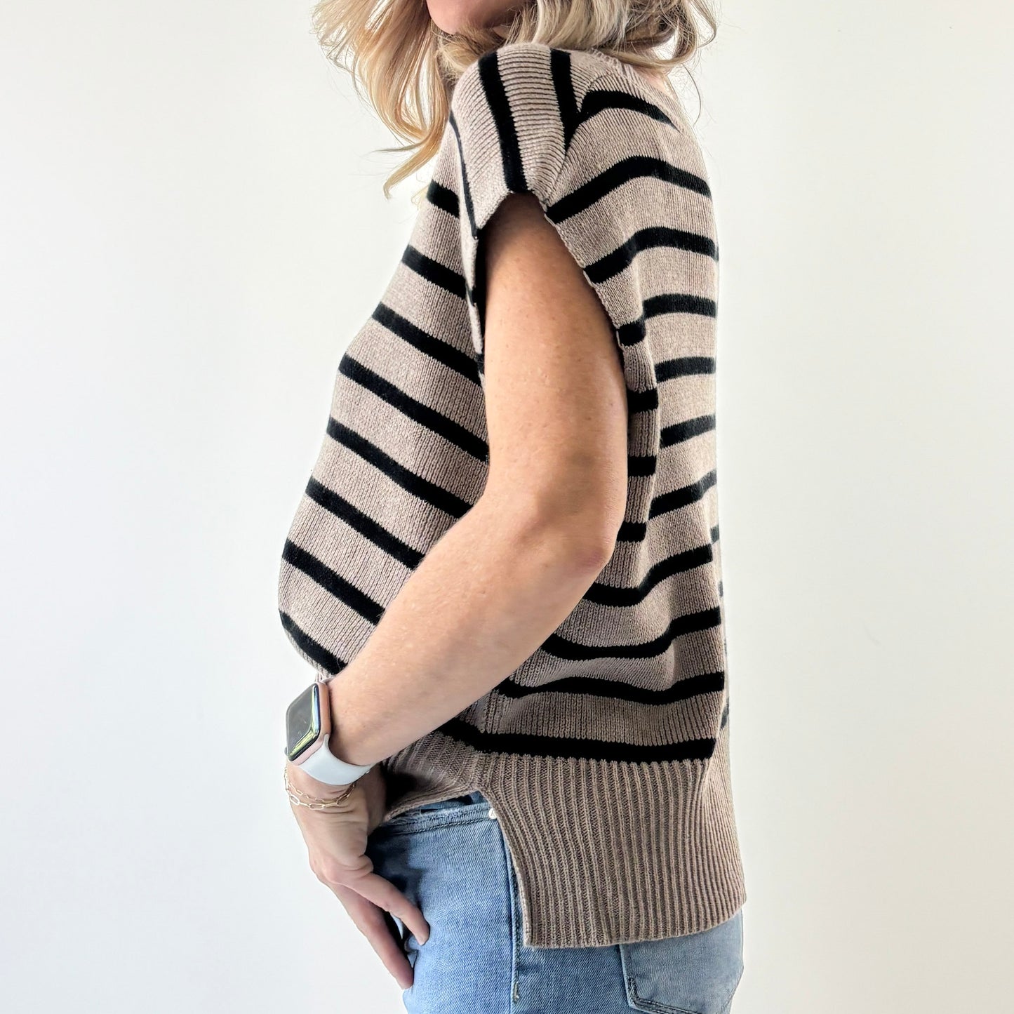 Women's mocha brown with black stripe light weight short sleeve sweater