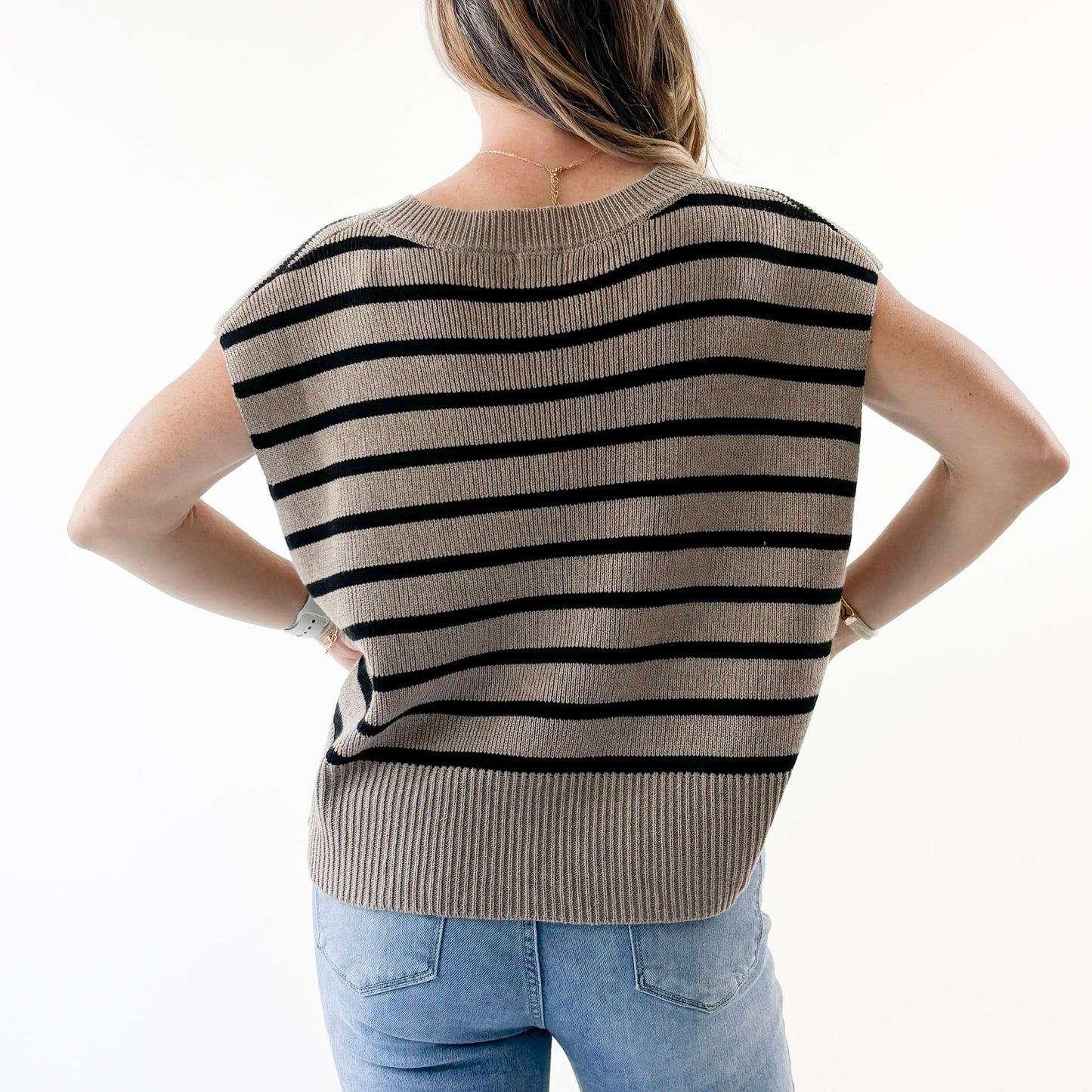 Women's mocha brown with black stripe light weight short sleeve sweater