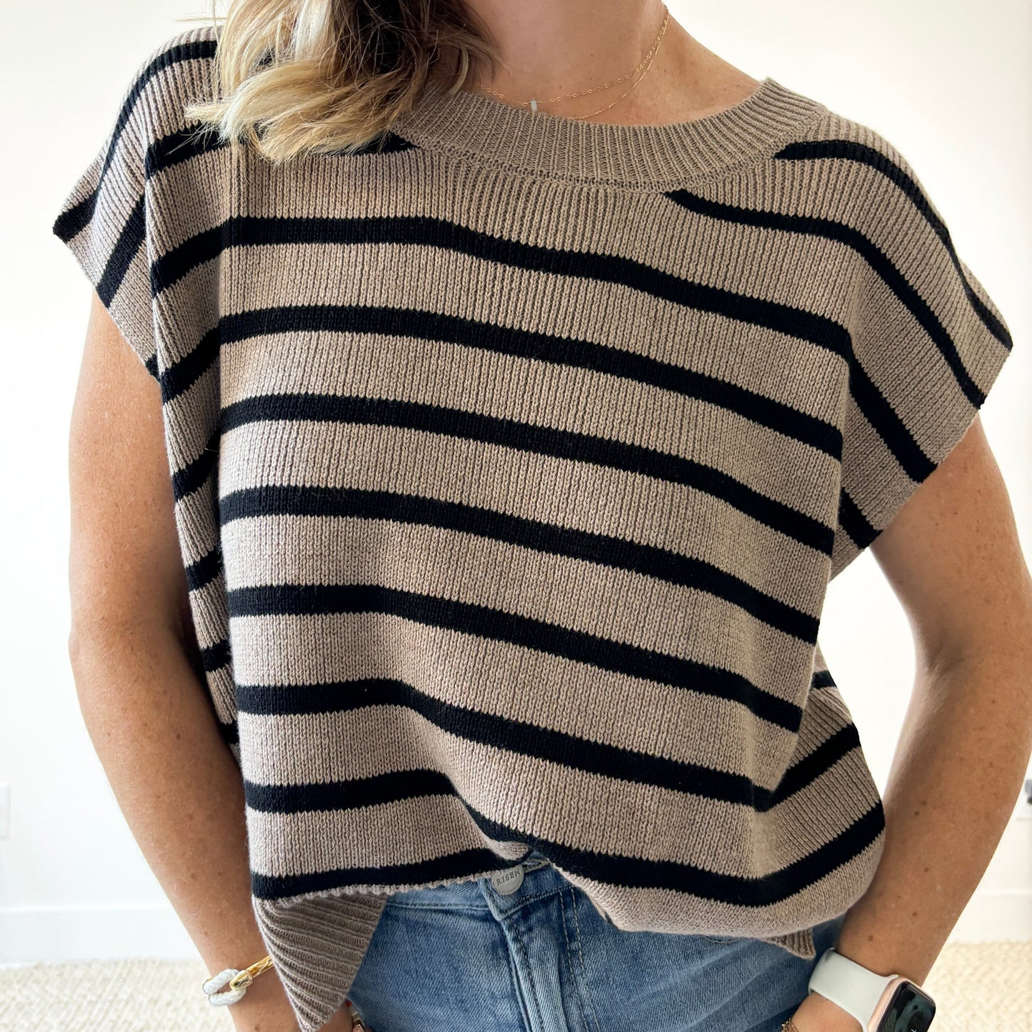Women's mocha brown with black stripe light weight short sleeve sweater