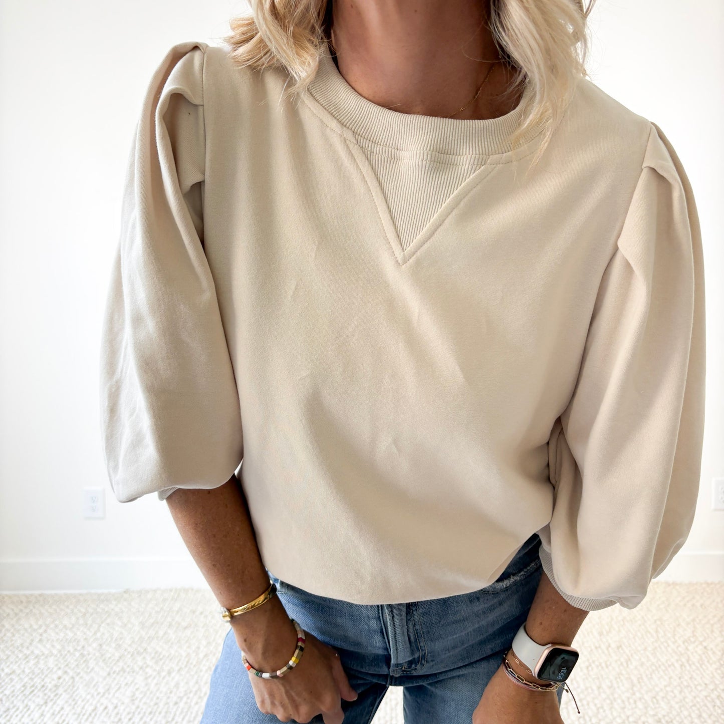 Women's Tan French Terry 3/4 Puff Sleeve Crewneck Sweatshirt