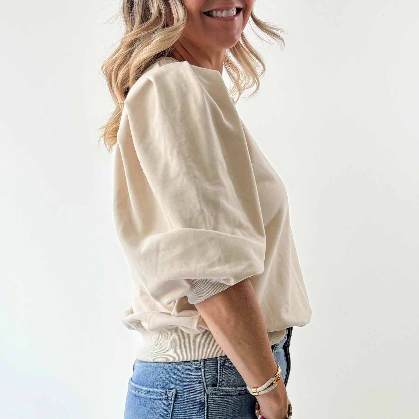 Women's Tan French Terry 3/4 Puff Sleeve Crewneck Sweatshirt