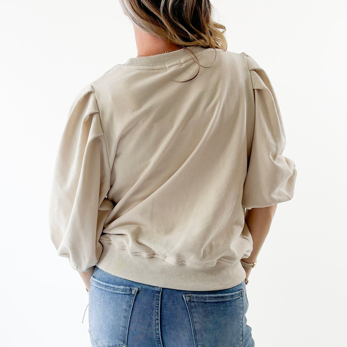 Women's Tan French Terry 3/4 Puff Sleeve Crewneck Sweatshirt