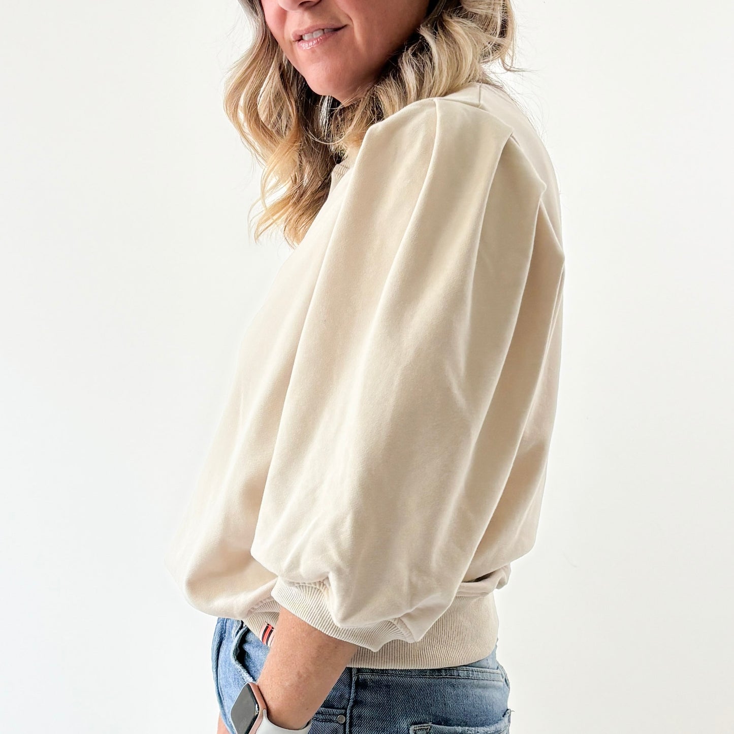 Women's Tan French Terry 3/4 Puff Sleeve Crewneck Sweatshirt
