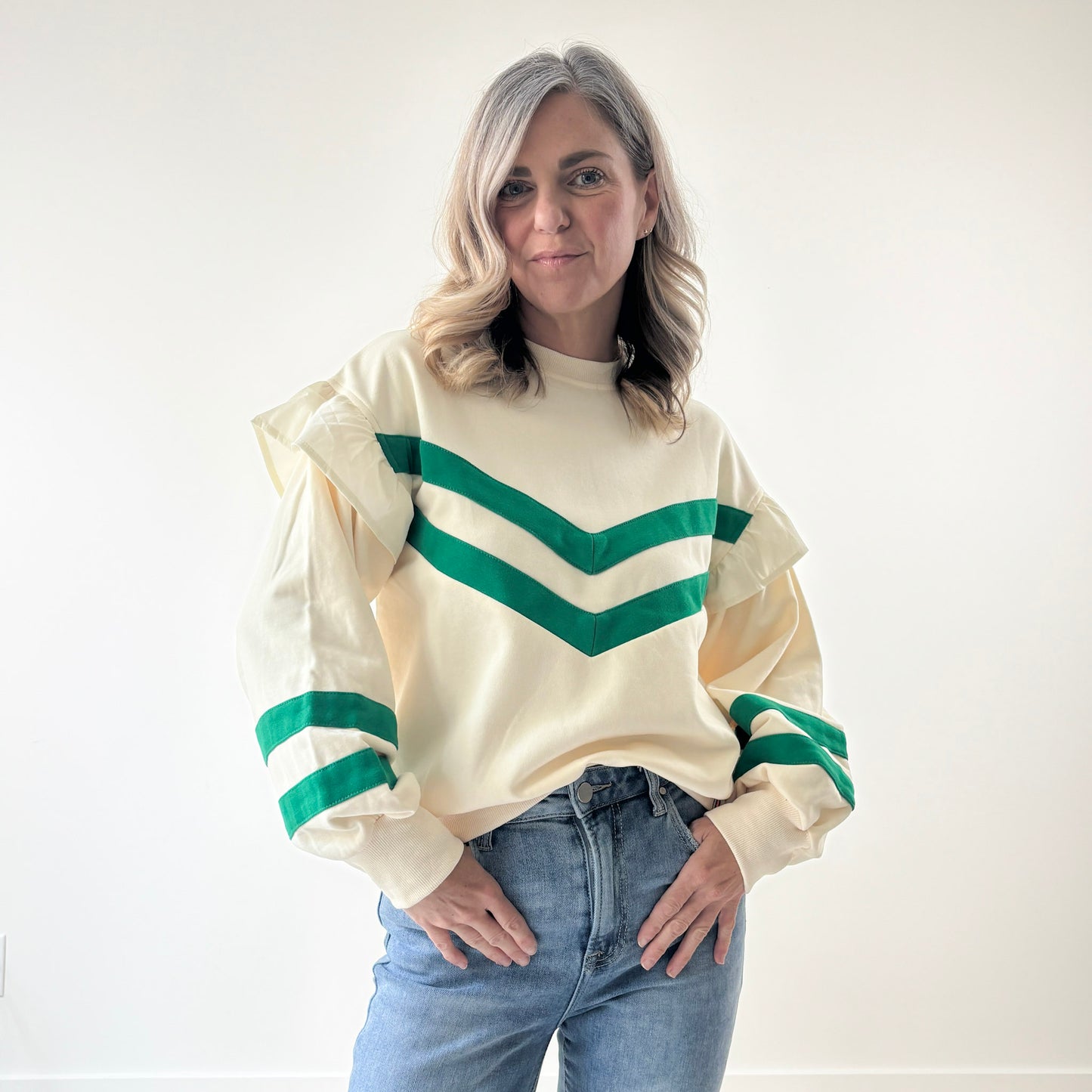 Puff Sleeve Ruffle French Terry Sweatshirt with Pieced Stripes