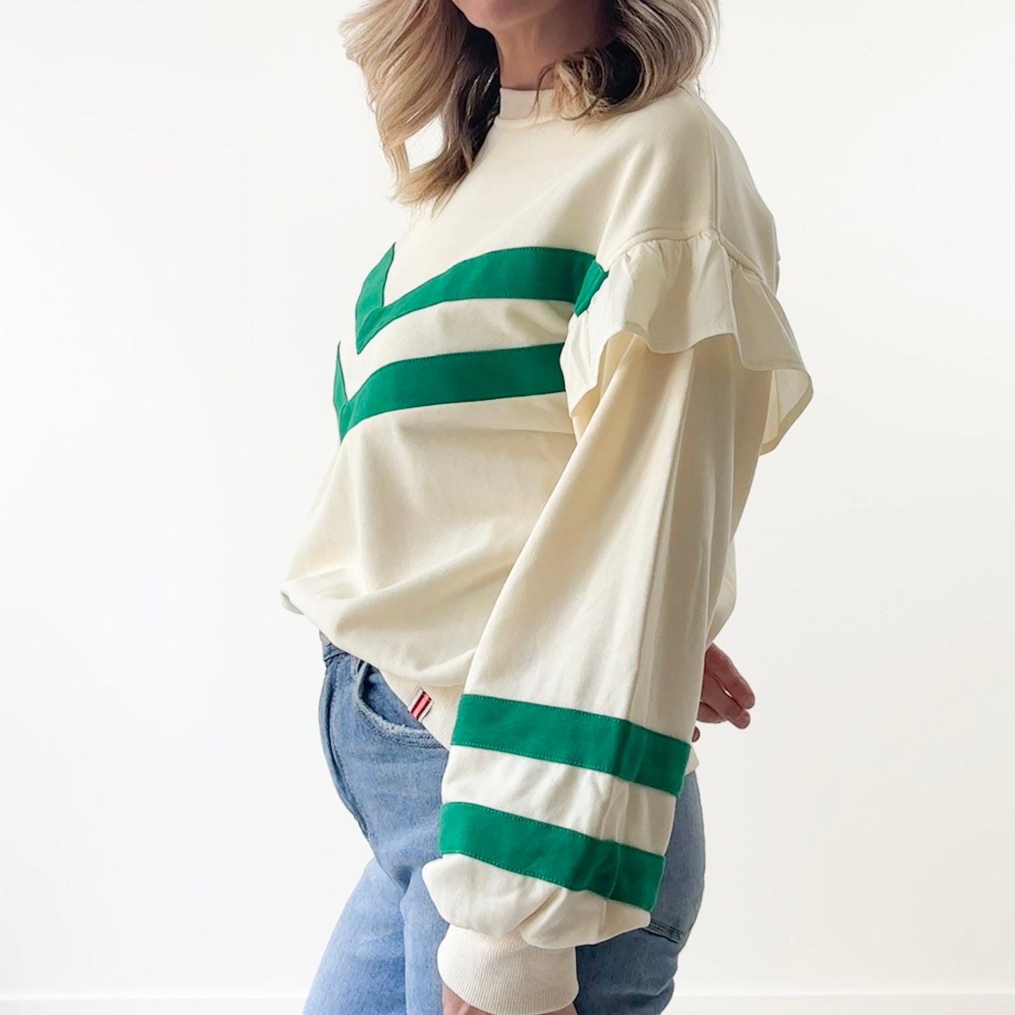 Puff Sleeve Ruffle French Terry Sweatshirt with Pieced Stripes