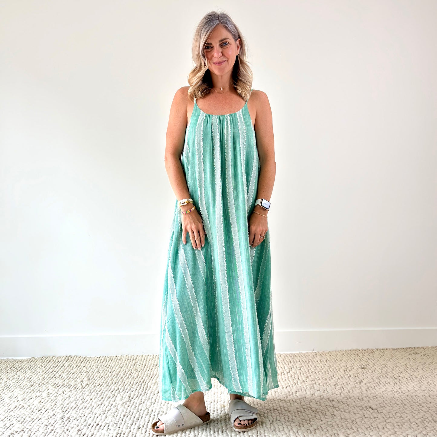 Women's mint and white textured stripe tank style maxi dress with low back