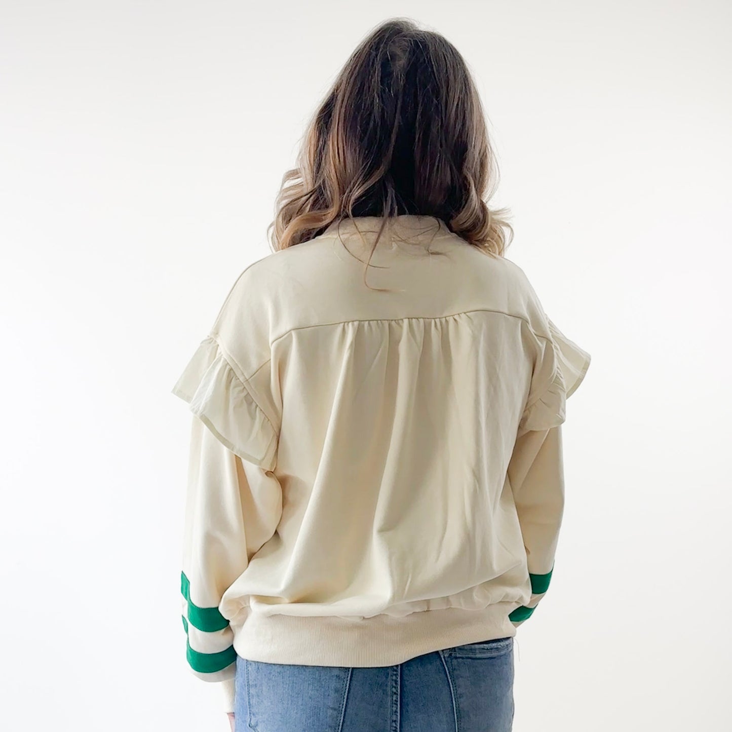 Puff Sleeve Ruffle French Terry Sweatshirt with Pieced Stripes