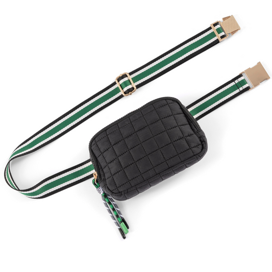 Quilted Puffer Belt Bag Black with Contrast Stripe Strap