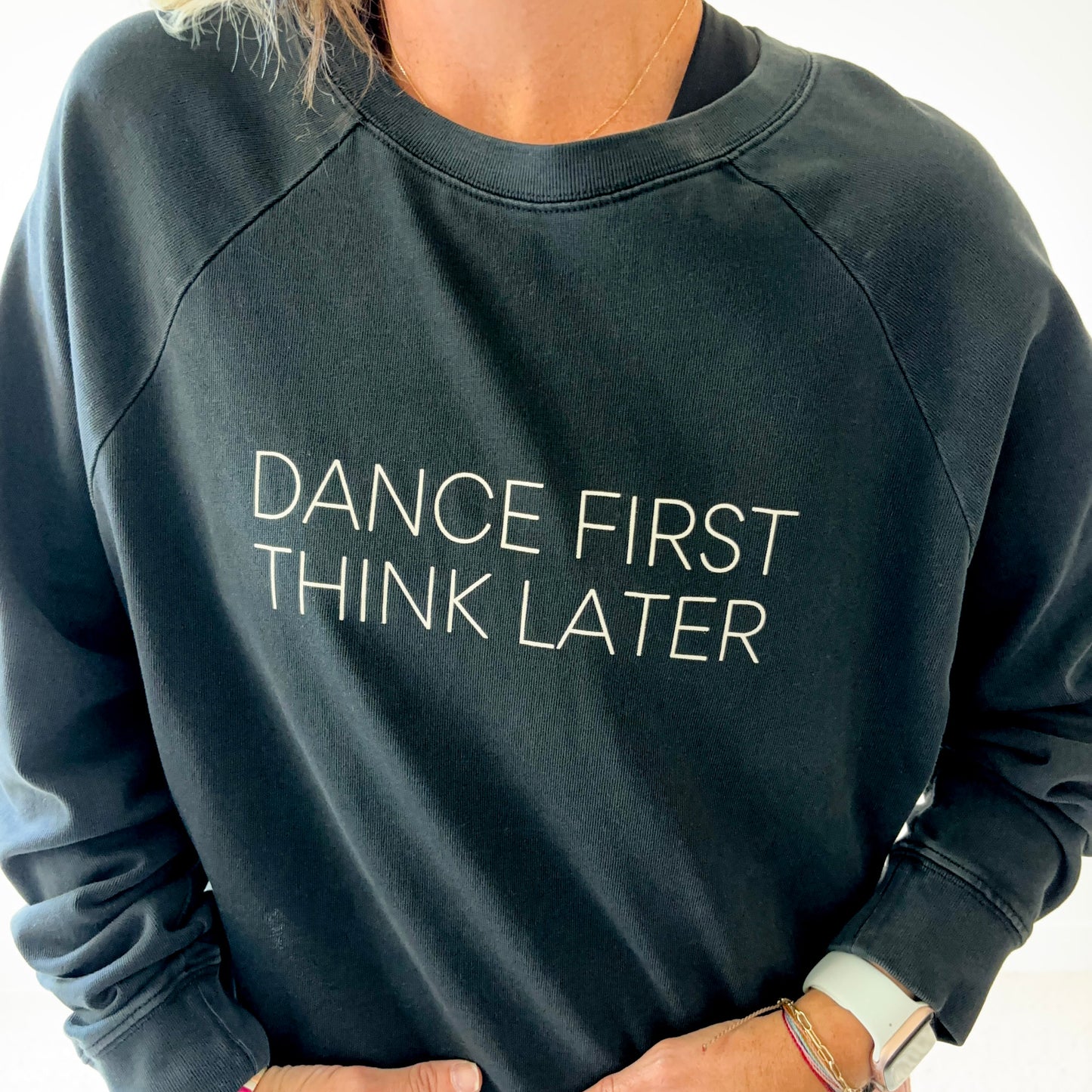 Women's black crewneck cropped heavyweight raglan sleeve t shirt with ivory dance first think later chest graphic