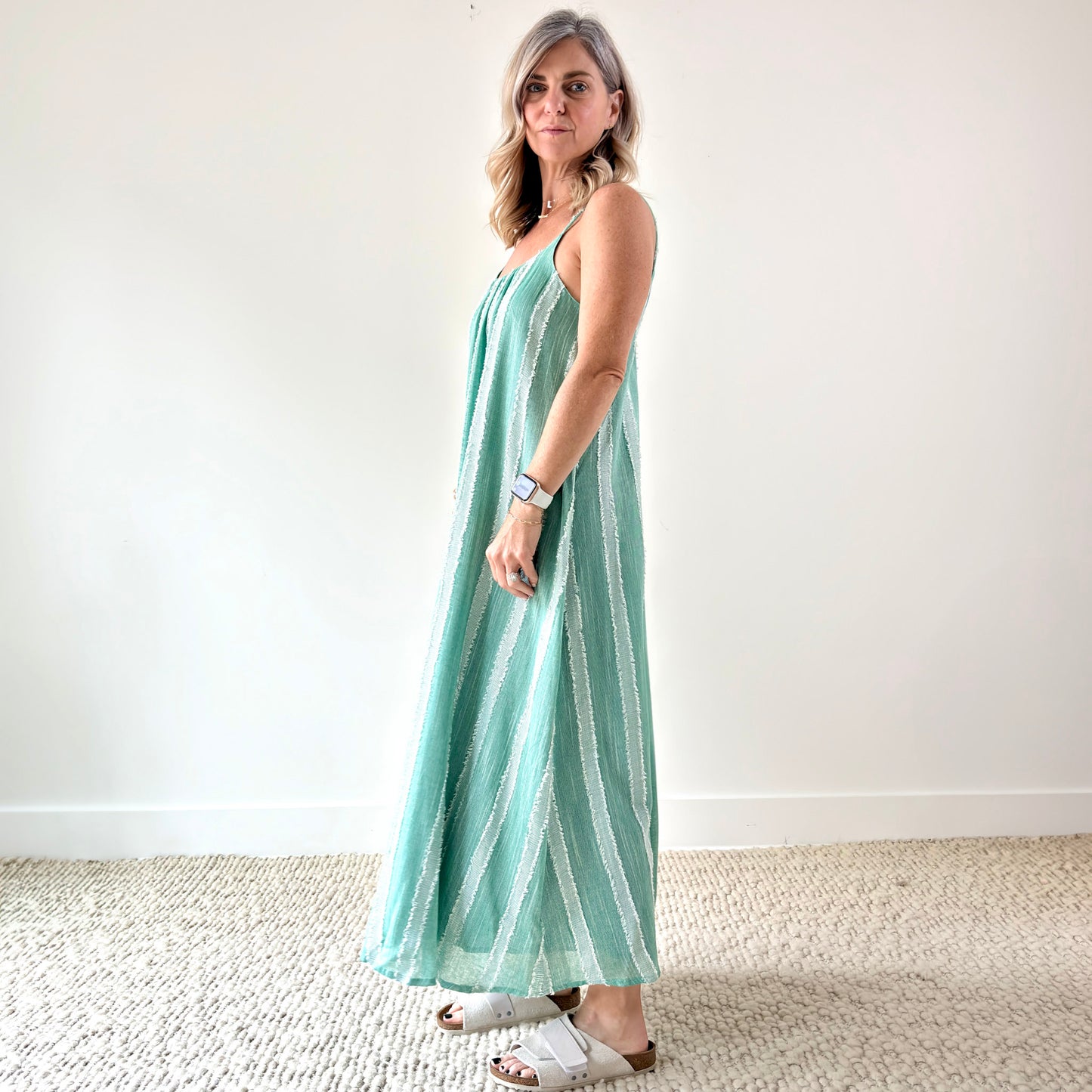 Women's mint and white textured stripe tank style maxi dress with low back