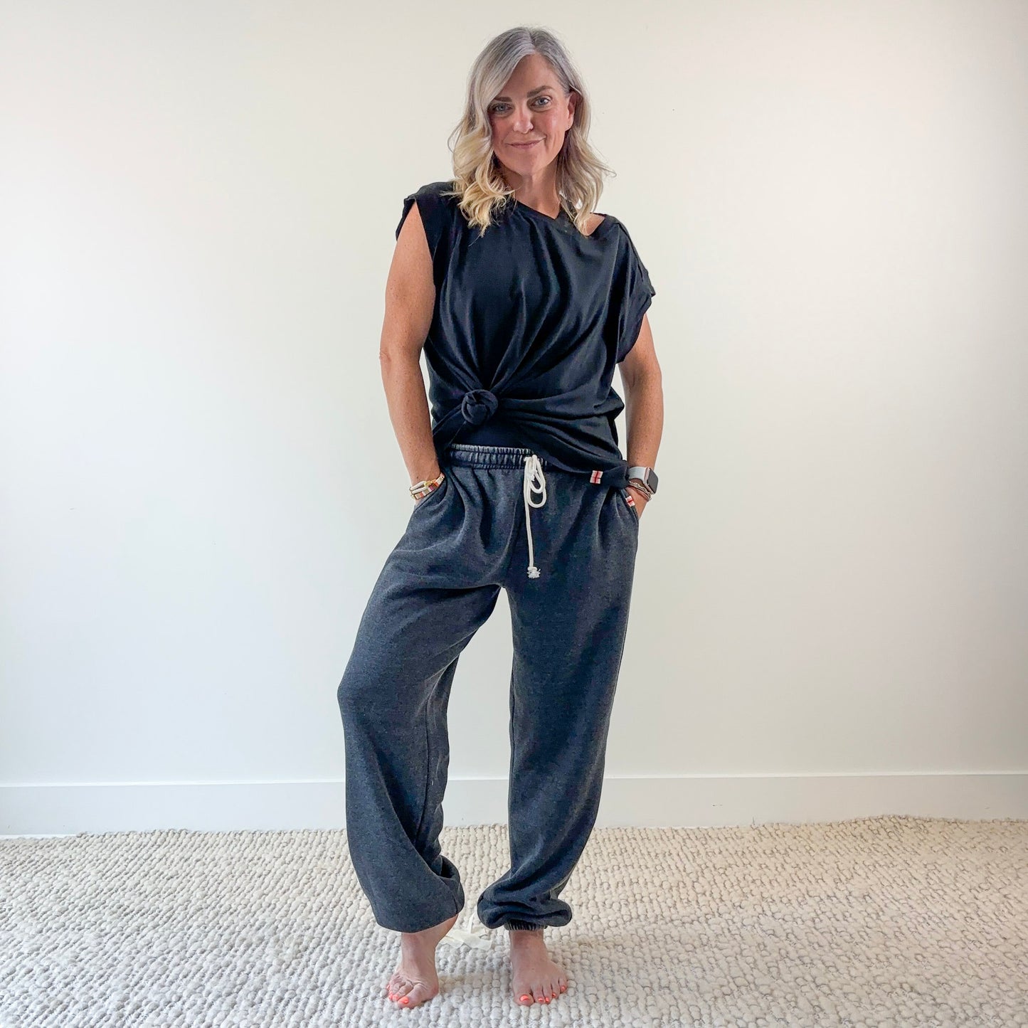 Women's washed black oversized fleece drawstring sweat pant