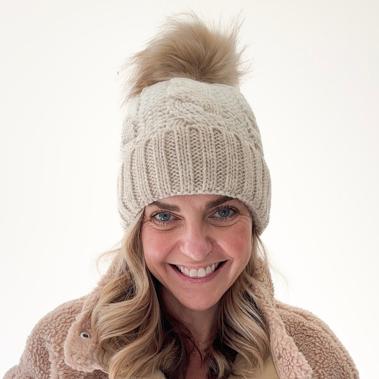 Ivory Gradient Cable KnitCozy Fleece Lined Cuff Beanie