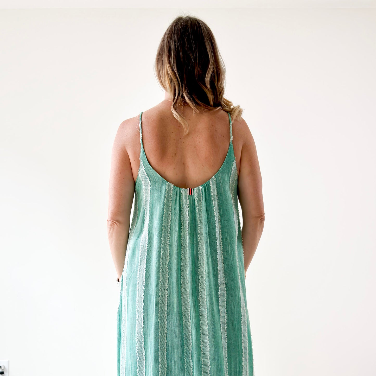 Women's mint and white textured stripe tank style maxi dress with low back