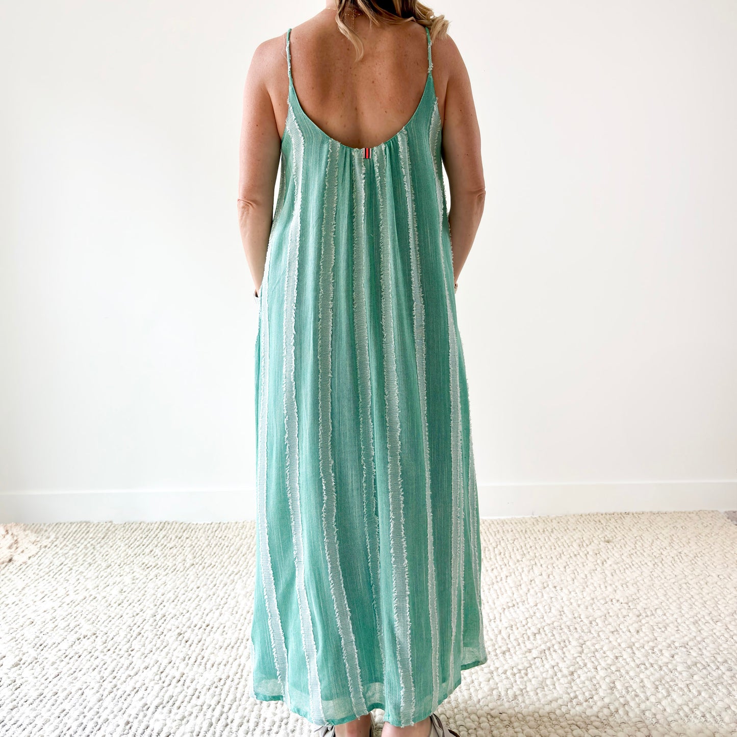 Women's mint and white textured stripe tank style maxi dress with low back