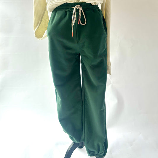 Dark Green Oversized Super Cozy Fleece Pant with rib inset and cinched hem