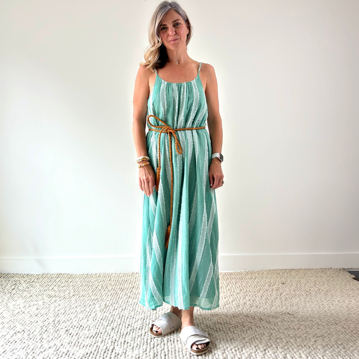 Women's mint and white textured stripe tank style maxi dress with low back