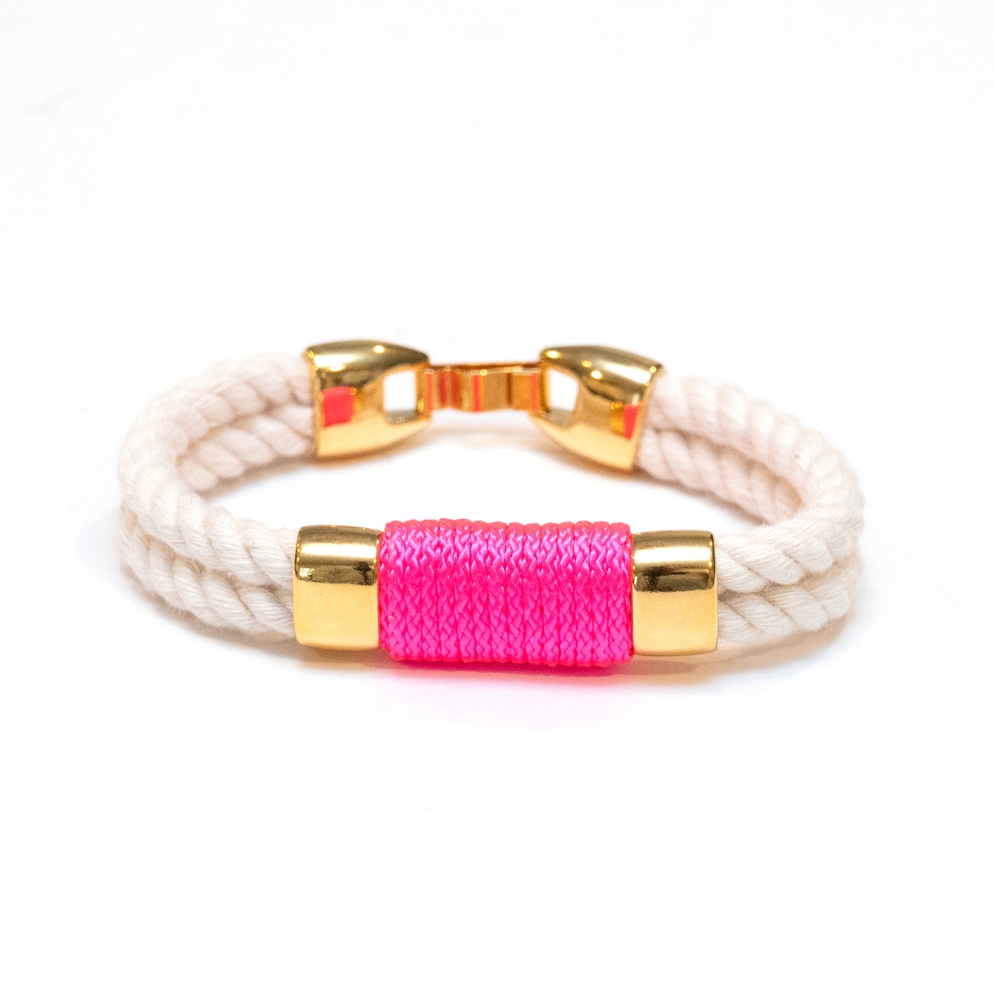 Nautical ivory rope bracelet with neon pink cord and gold hardware