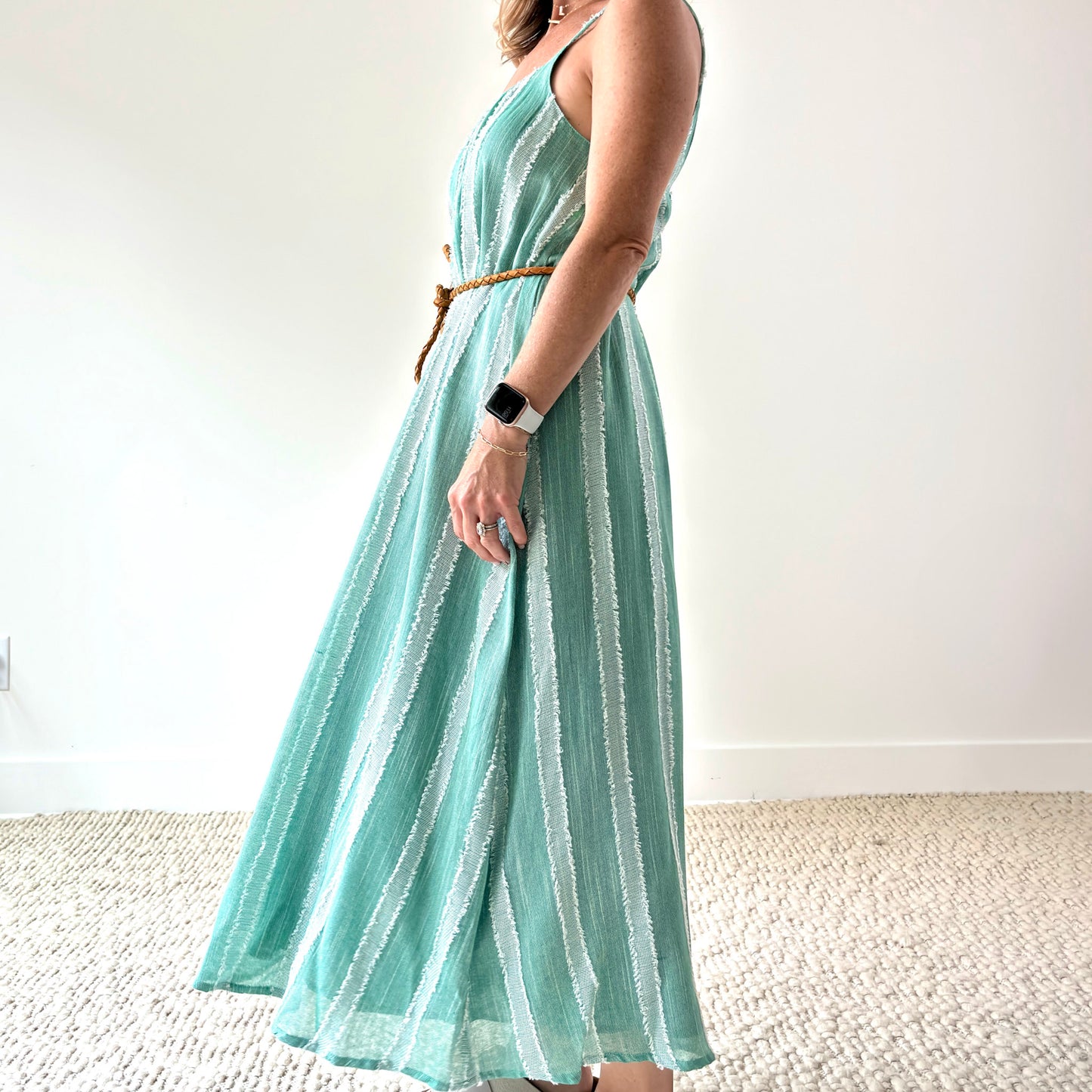 Women's mint and white textured stripe tank style maxi dress with low back