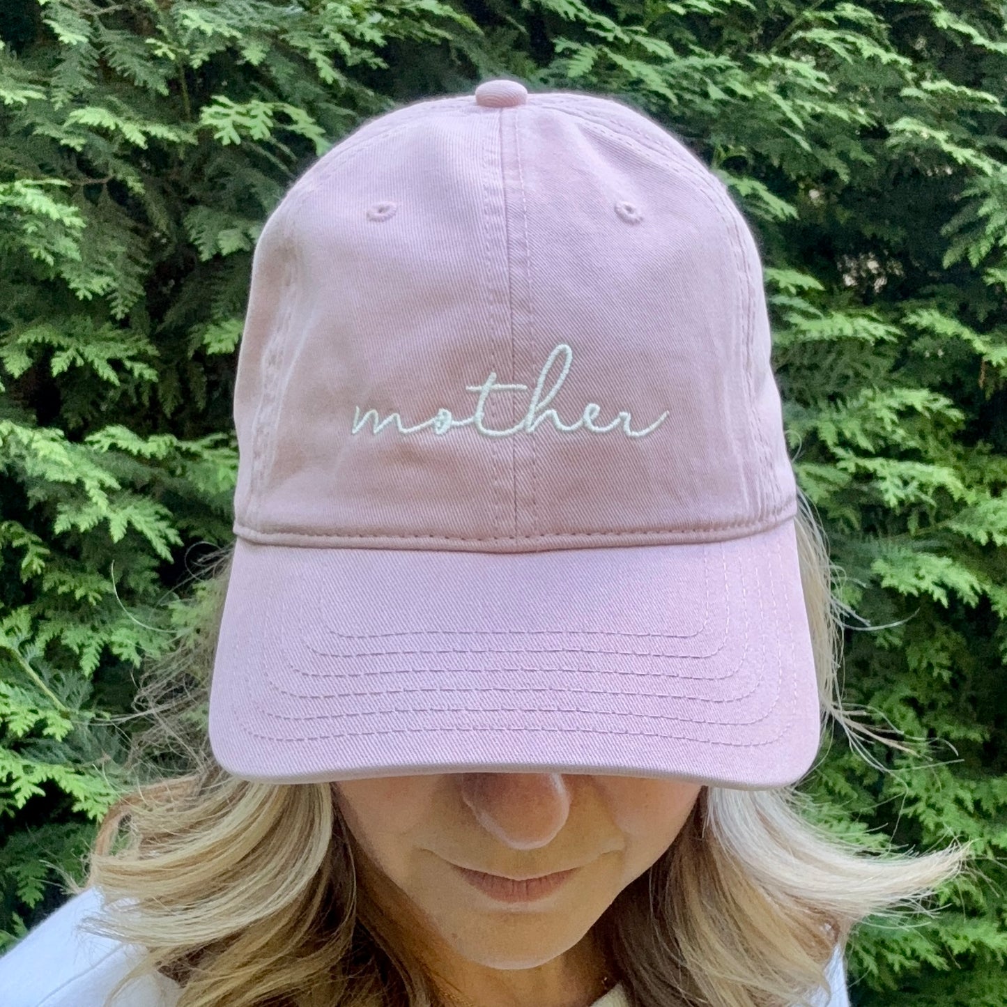 Light pink cotton dad hat with back adjuster and ivory mother embroidery