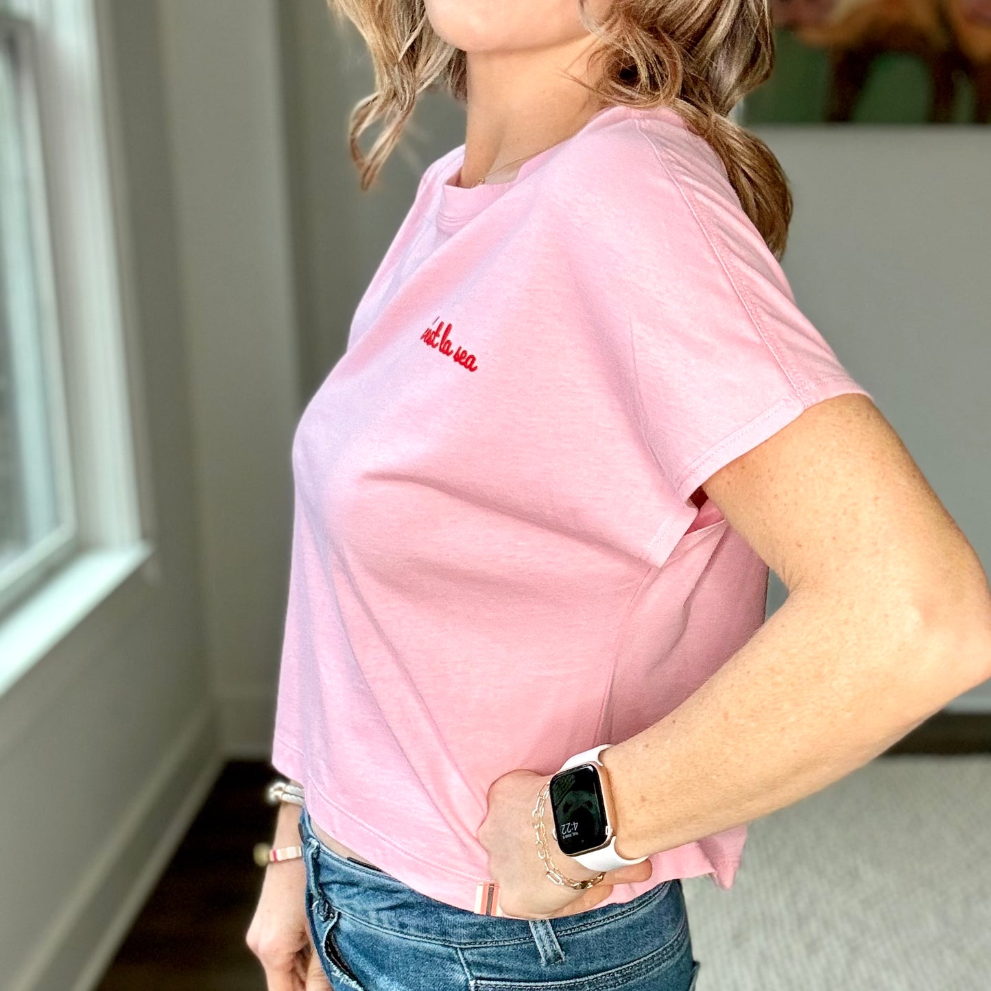 Pink short sleeve ultra soft tee with red c'est la sea left chest graphic