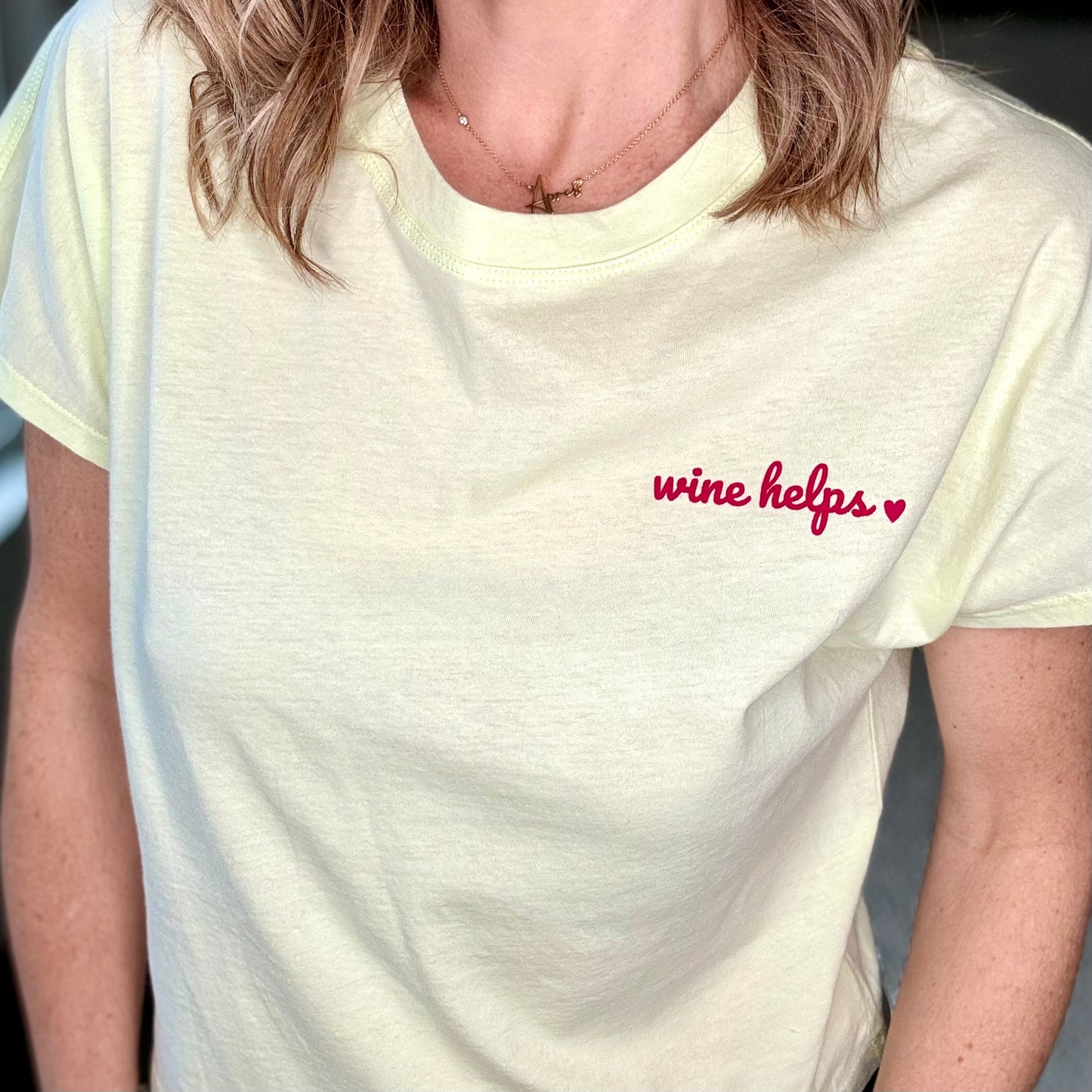 Lime green super soft short sleeve tee with bright pink wine helps left chest graphic