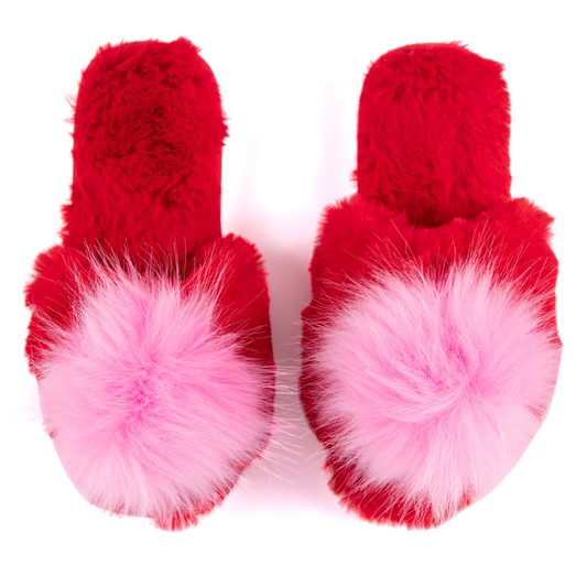 Fuzzy Red Slippers with Pink Pom Pom