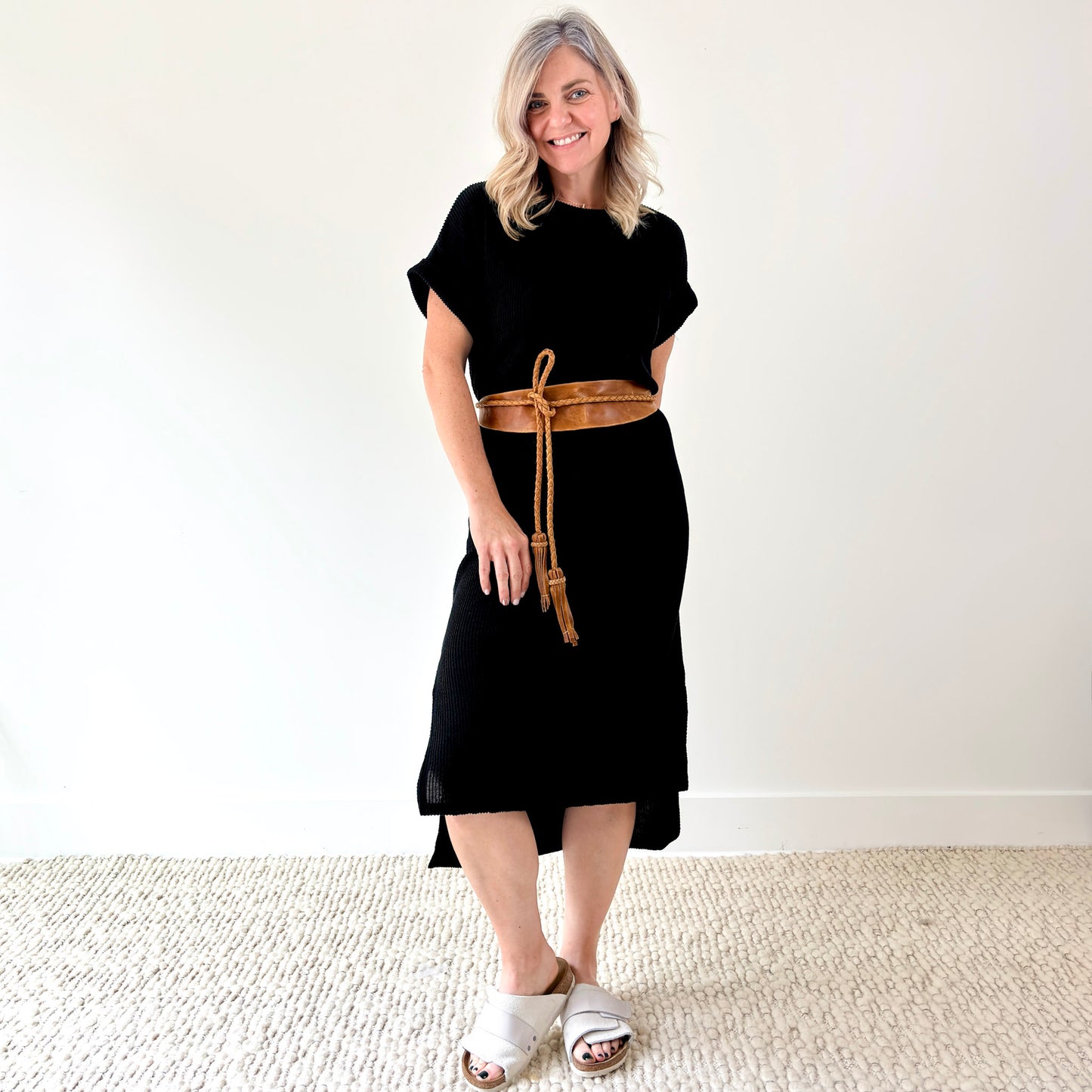 Women's caramel leather obi wrap belt with braided tassel tie