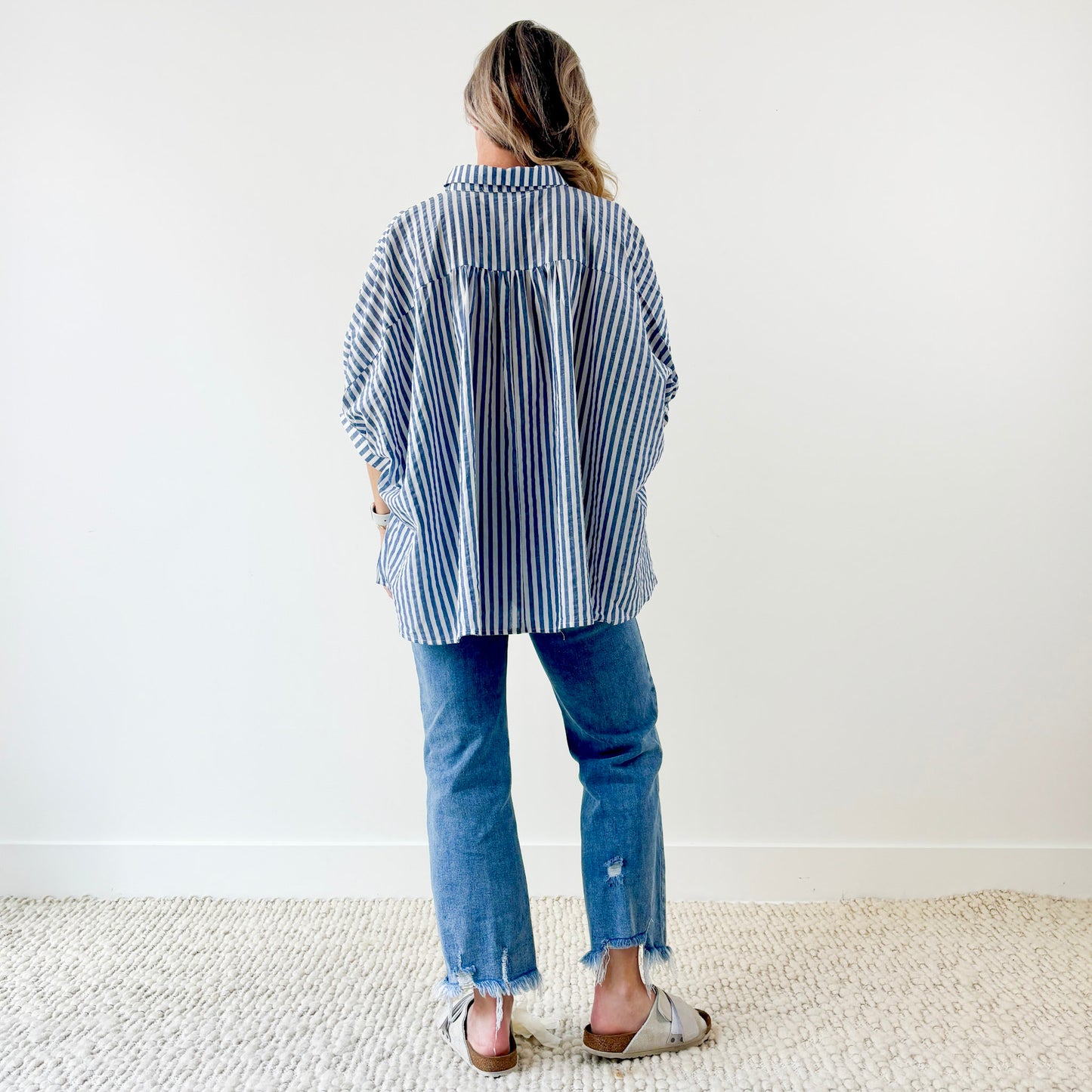 Navy and white stripe oversized button front top