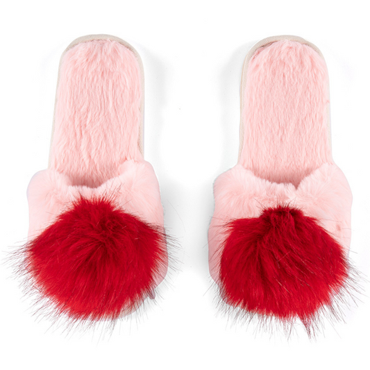 Furry Pink Slippers with Red Pom Pom