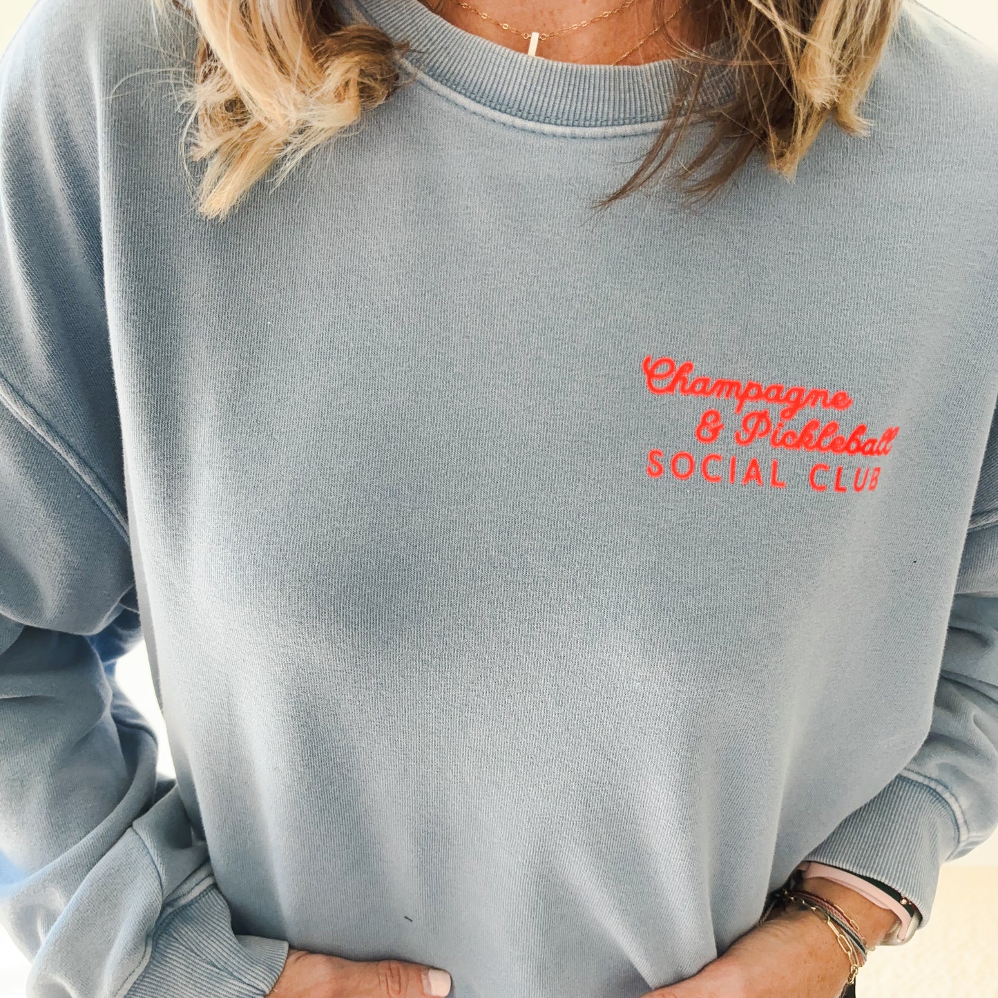 Dusty Blue Champagne & Pickleball Social Club Long Sleeve Raw Edge Sweatshirt