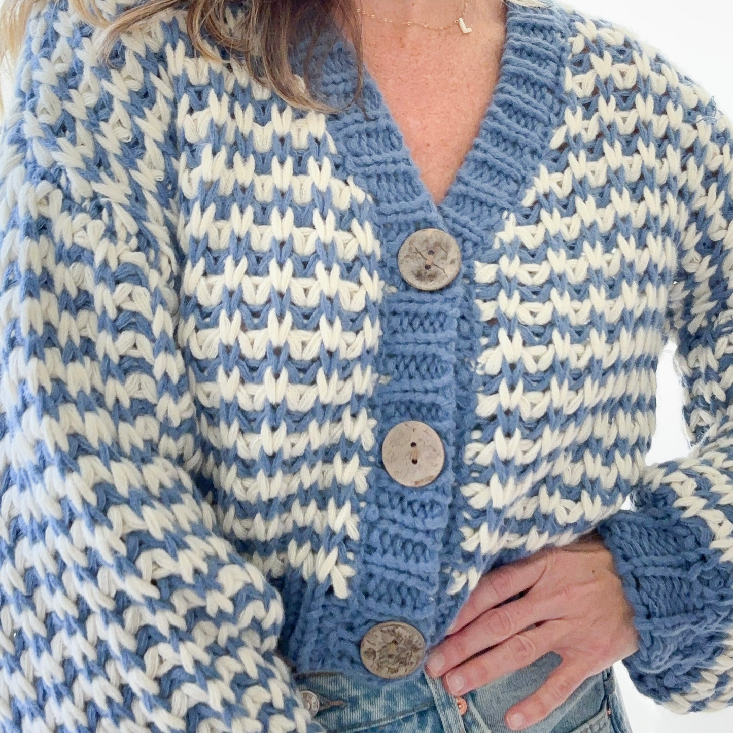 Striped Birdseye Knit Button Front Grandpa Cardigan
