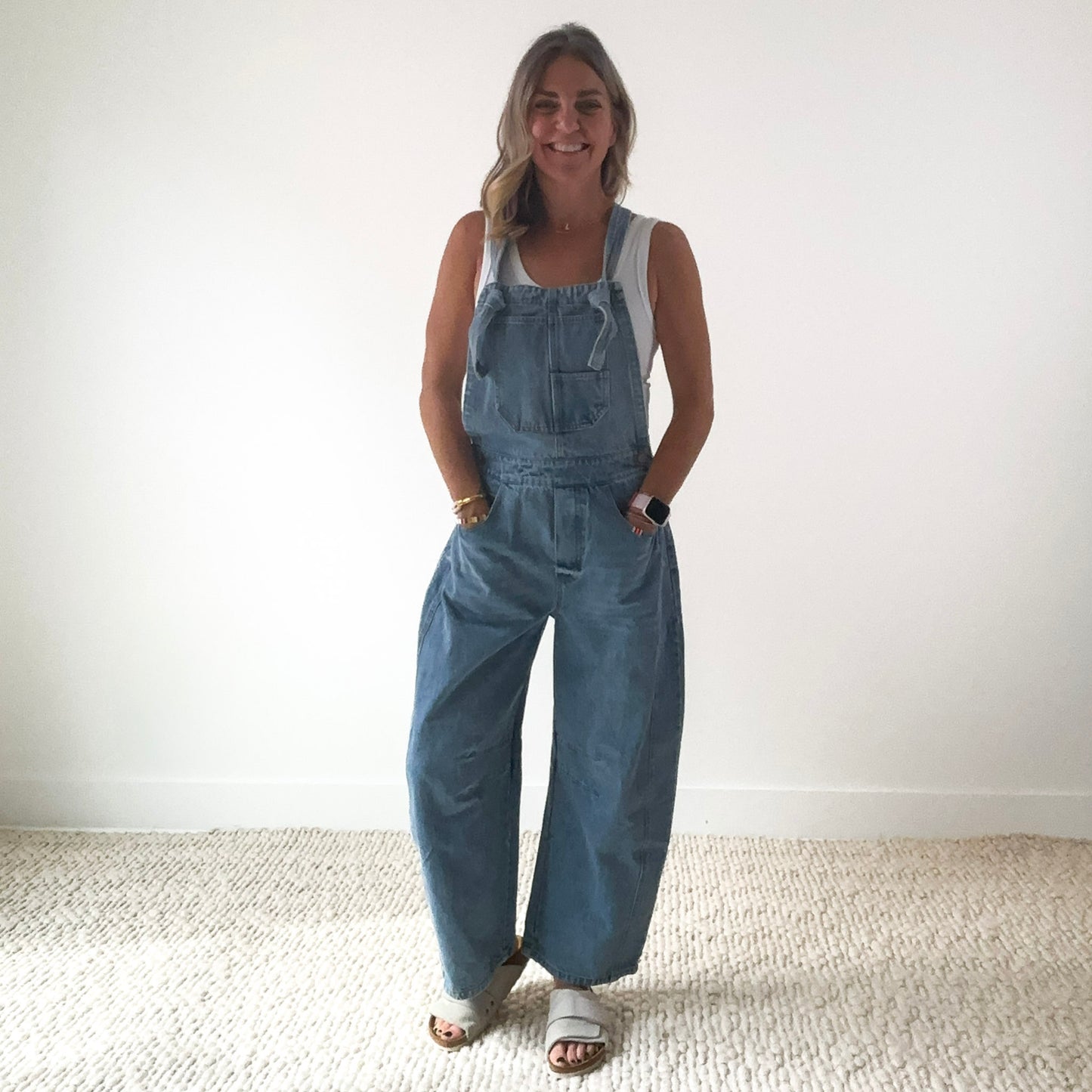 Women's knot tie barrel leg medium wash cropped overall