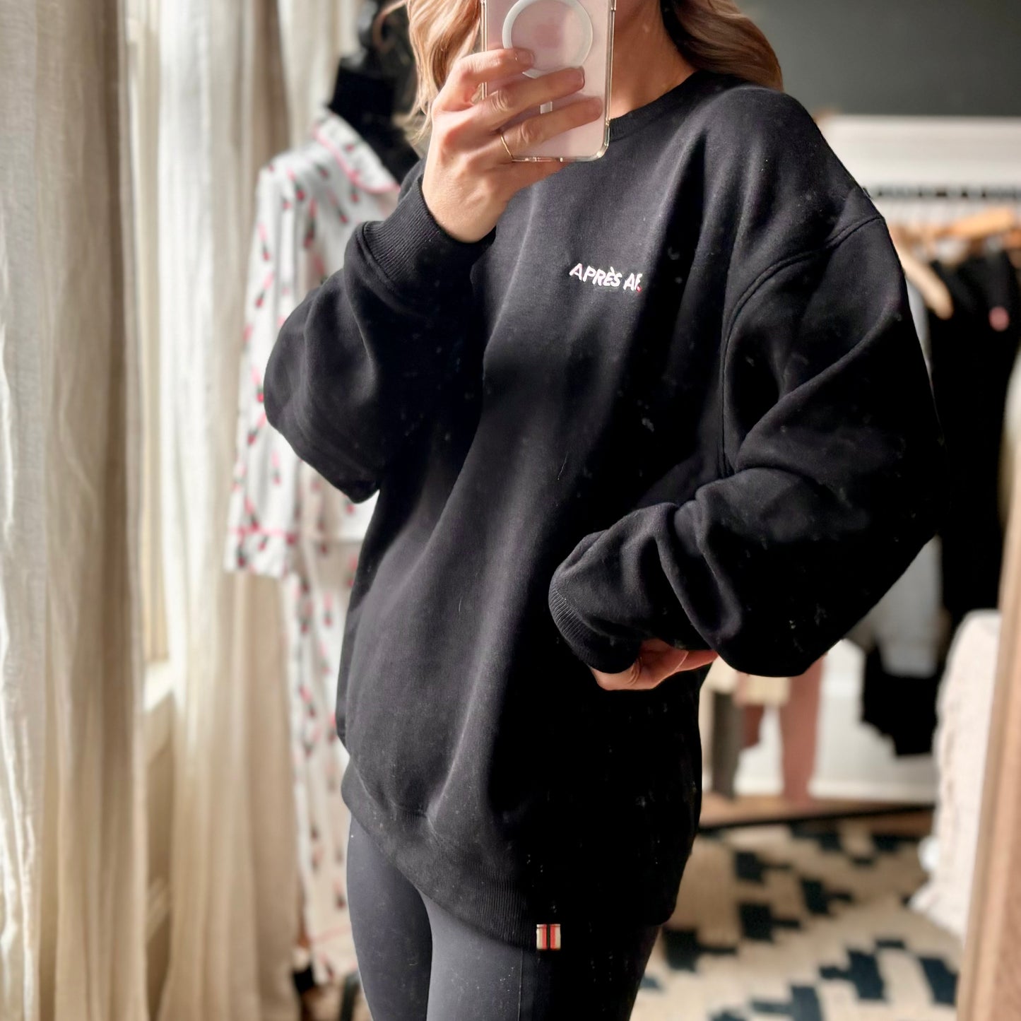 women's black light pink embroidered après af cozy fleece crewneck sweatshirt