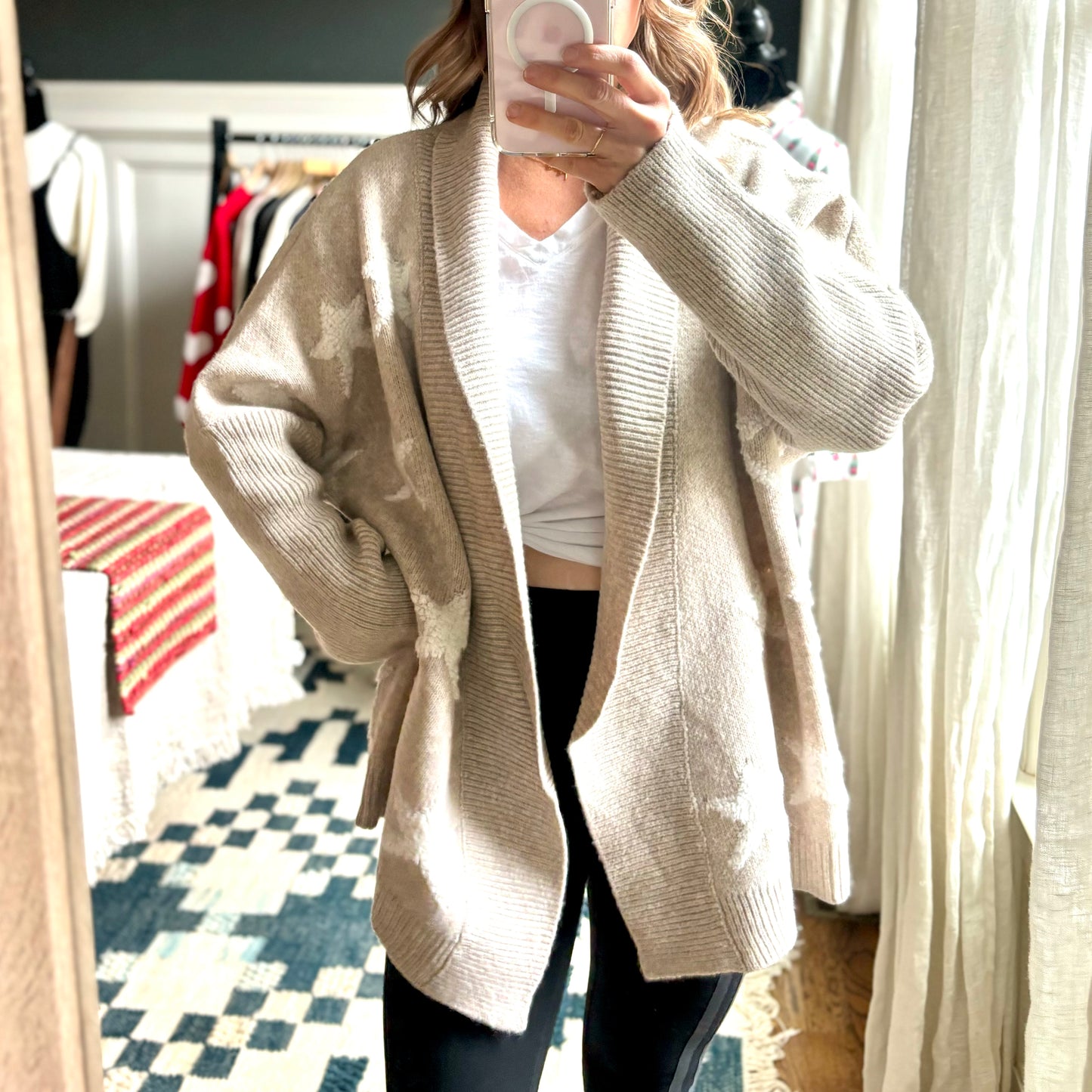 Oatmeal open cardigan sweater with ivory chenille stars