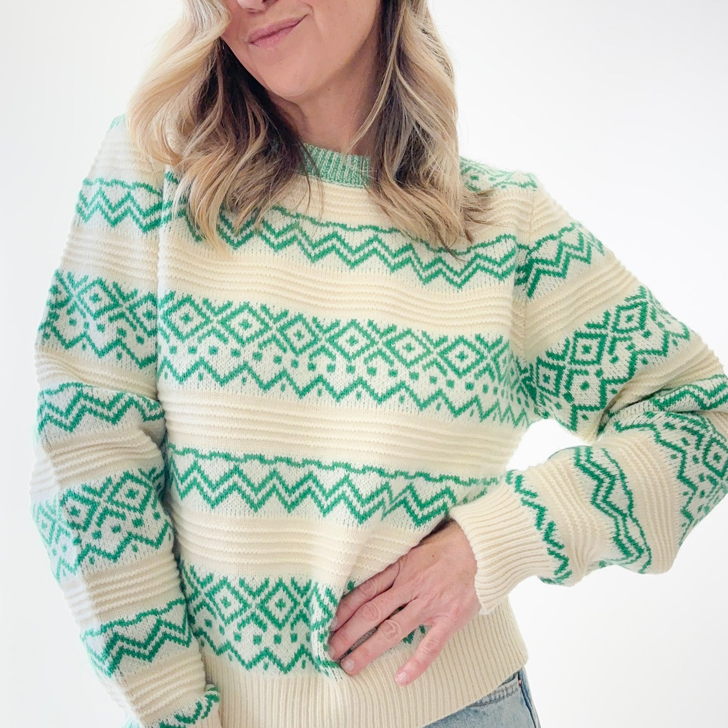 Rib Texture Fair Isle Crewneck Sweater