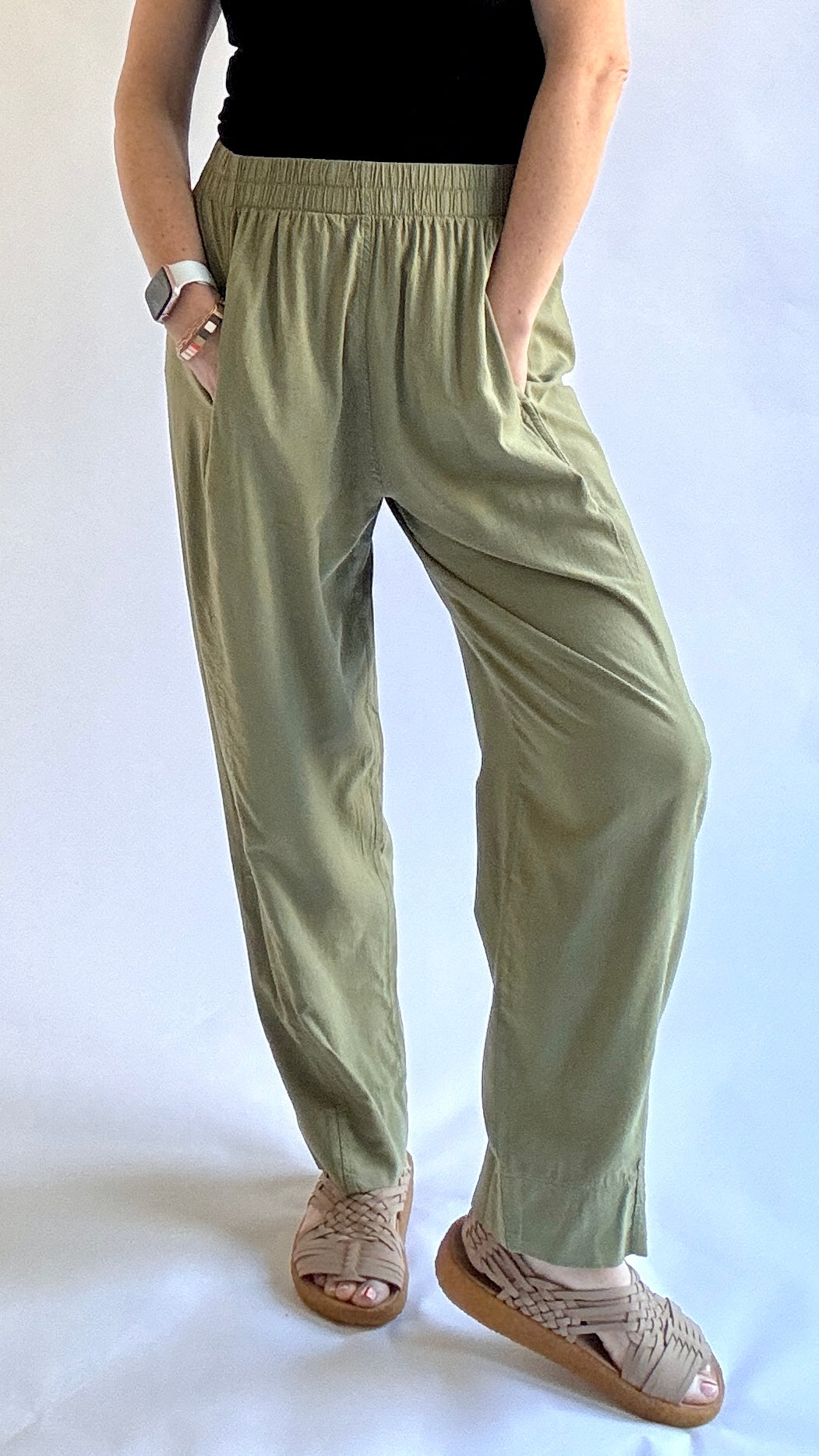 Women's olive ultra light weight travel perfect pull on elastic waist straight leg high waist pant